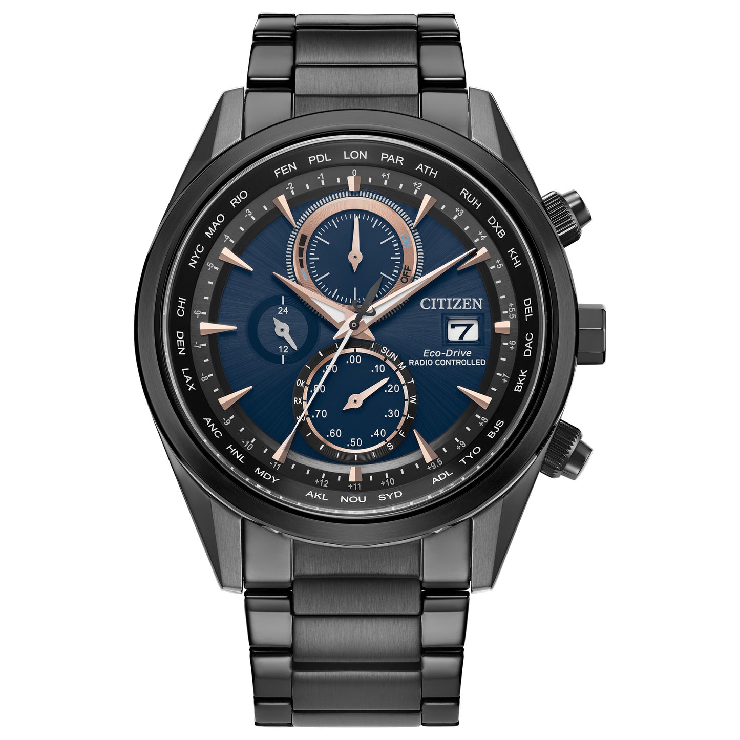 Citizen Eco-Drive Men's Chronograph Sport Luxury Radio Control Black-Tone Stainless Steel Bracelet Watch 43mm - Refurbished