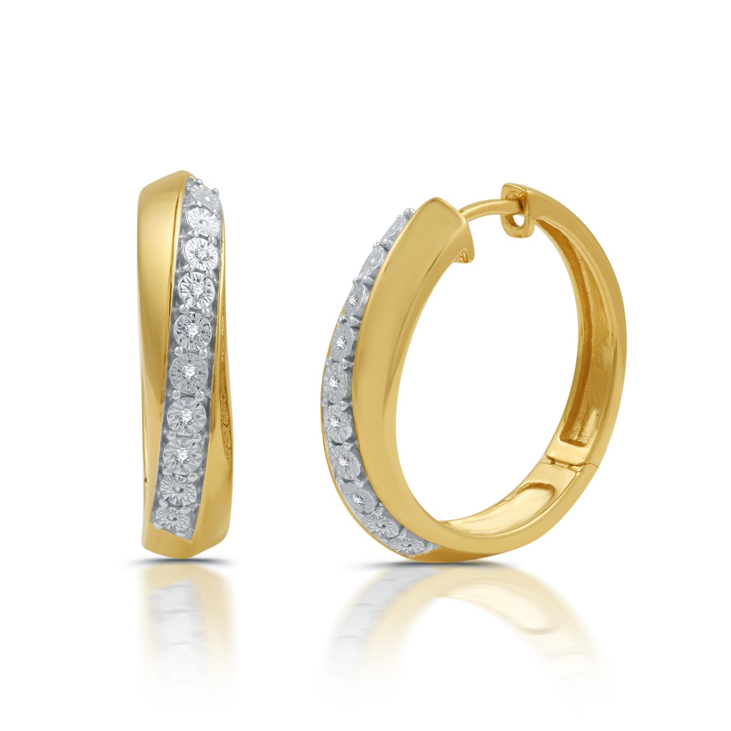 14K Gold Plated .925 Sterling Silver and 1/20 Cttw Diamond Hoop Earrings