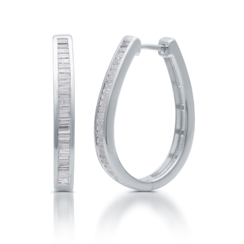 1 Cttw Diamond Baguette Hoop Silver Earrings