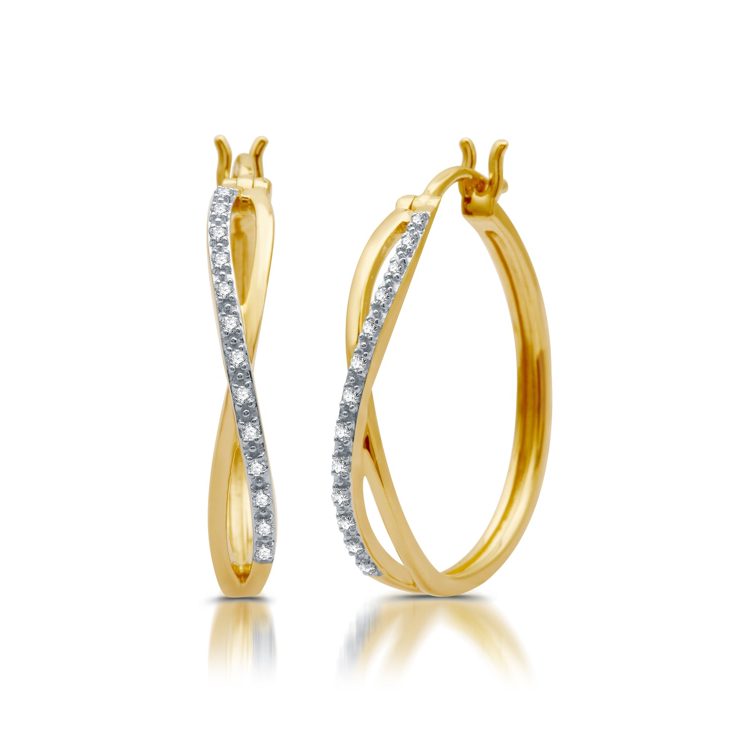 1/10 Cttw Diamond Crossover Hoop Earrings-14K Gold Plated .925 Sterling Silver