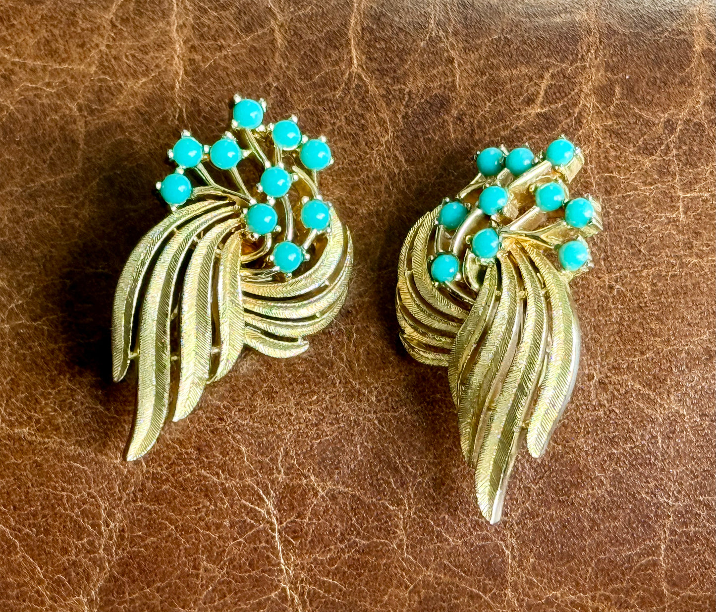 Trifari Crown - Faux Turquoise and Gold Tone Feather Design Vintage Earrings