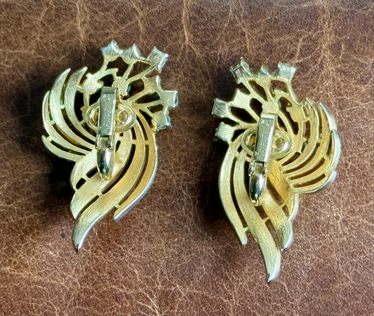 Trifari Crown - Faux Turquoise and Gold Tone Feather Design Vintage Earrings