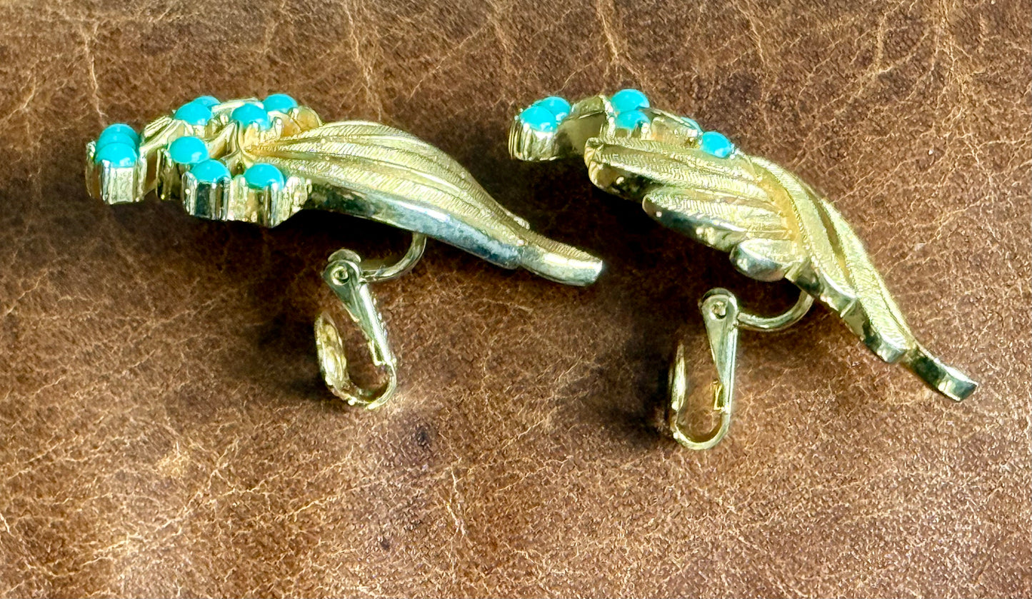 Trifari Crown - Faux Turquoise and Gold Tone Feather Design Vintage Earrings