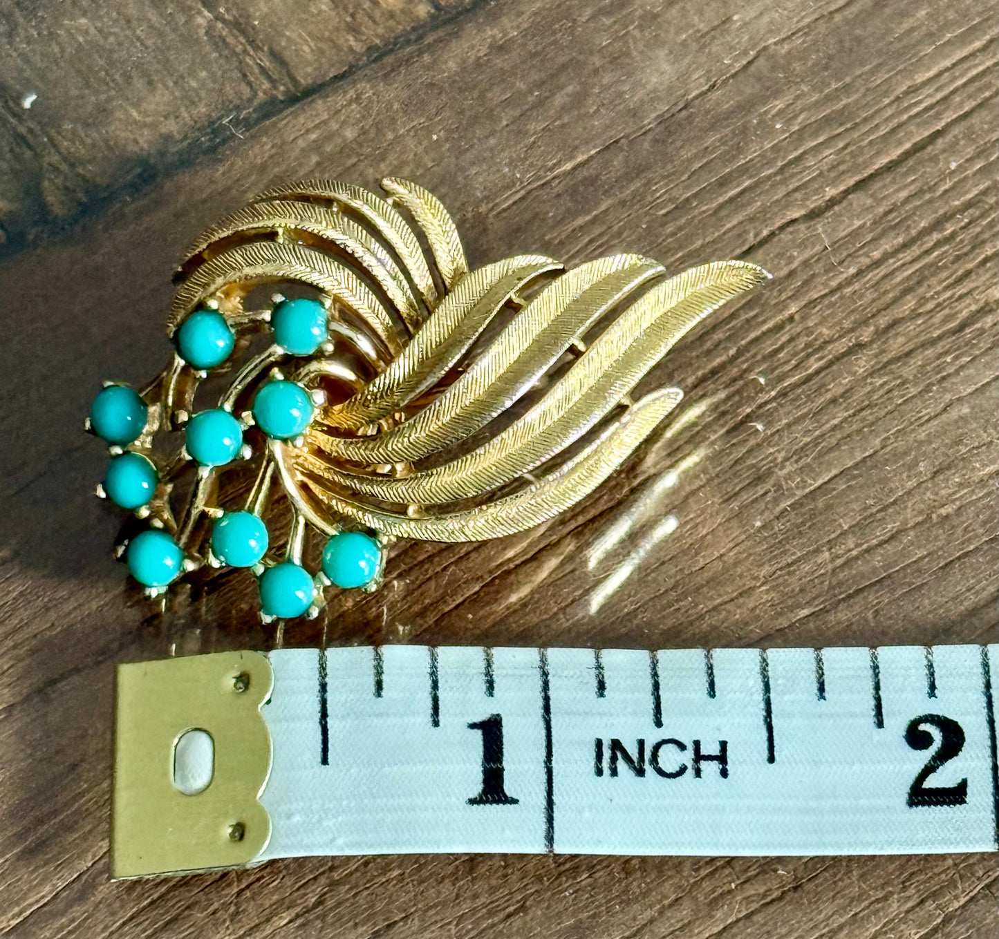 Trifari Crown - Faux Turquoise and Gold Tone Feather Design Vintage Earrings