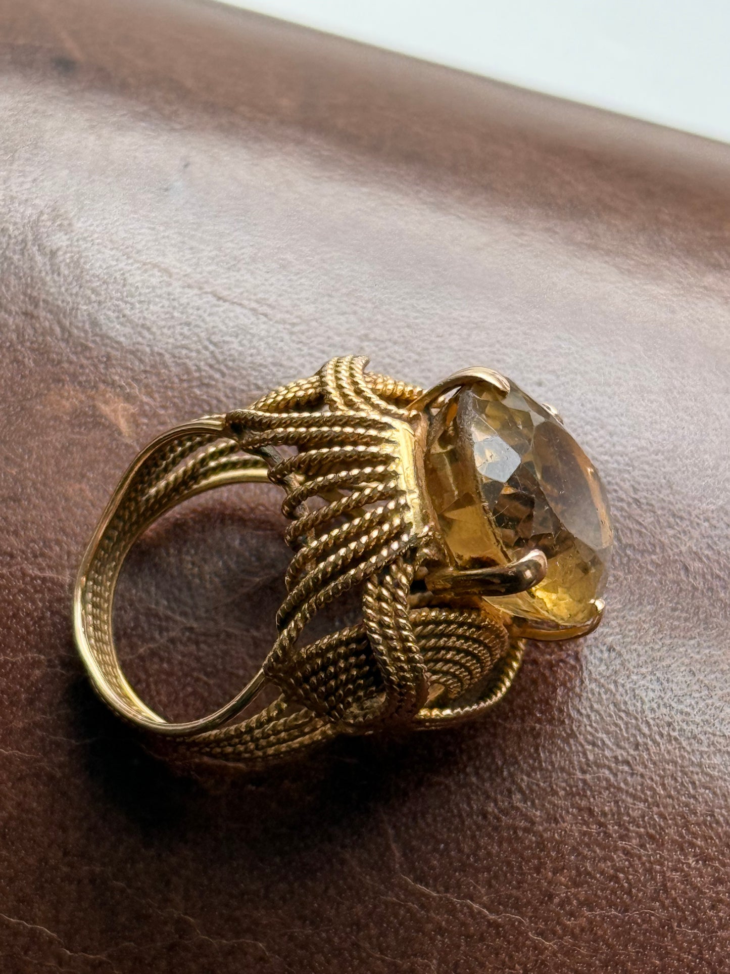 Vintage Cocktail Ring from our 'Eleanor Estate' Collection - citrine-like stone set in gold tone rope design