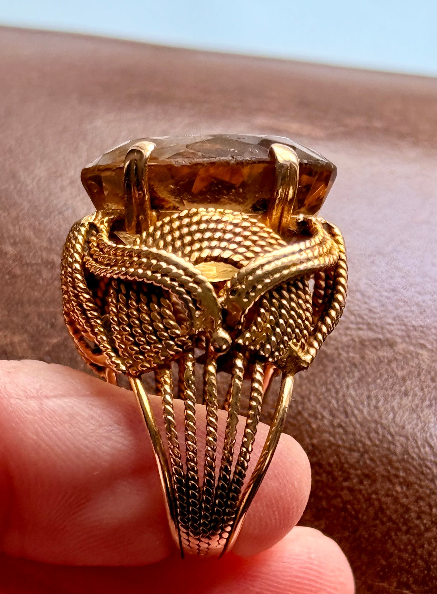 Vintage Cocktail Ring from our 'Eleanor Estate' Collection - citrine-like stone set in gold tone rope design