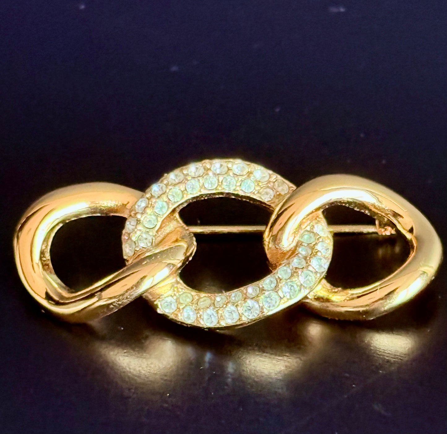 Christian Dior Vintage Interlocking Chain Link Brooch with Sparkling Rhinestone Accent