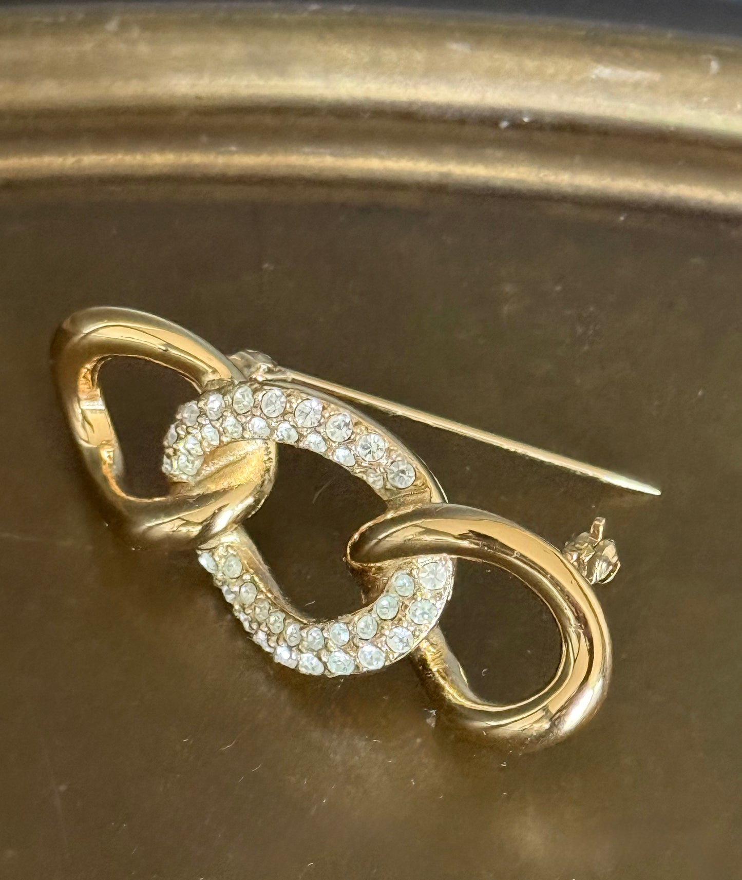 Christian Dior Vintage Interlocking Chain Link Brooch with Sparkling Rhinestone Accent