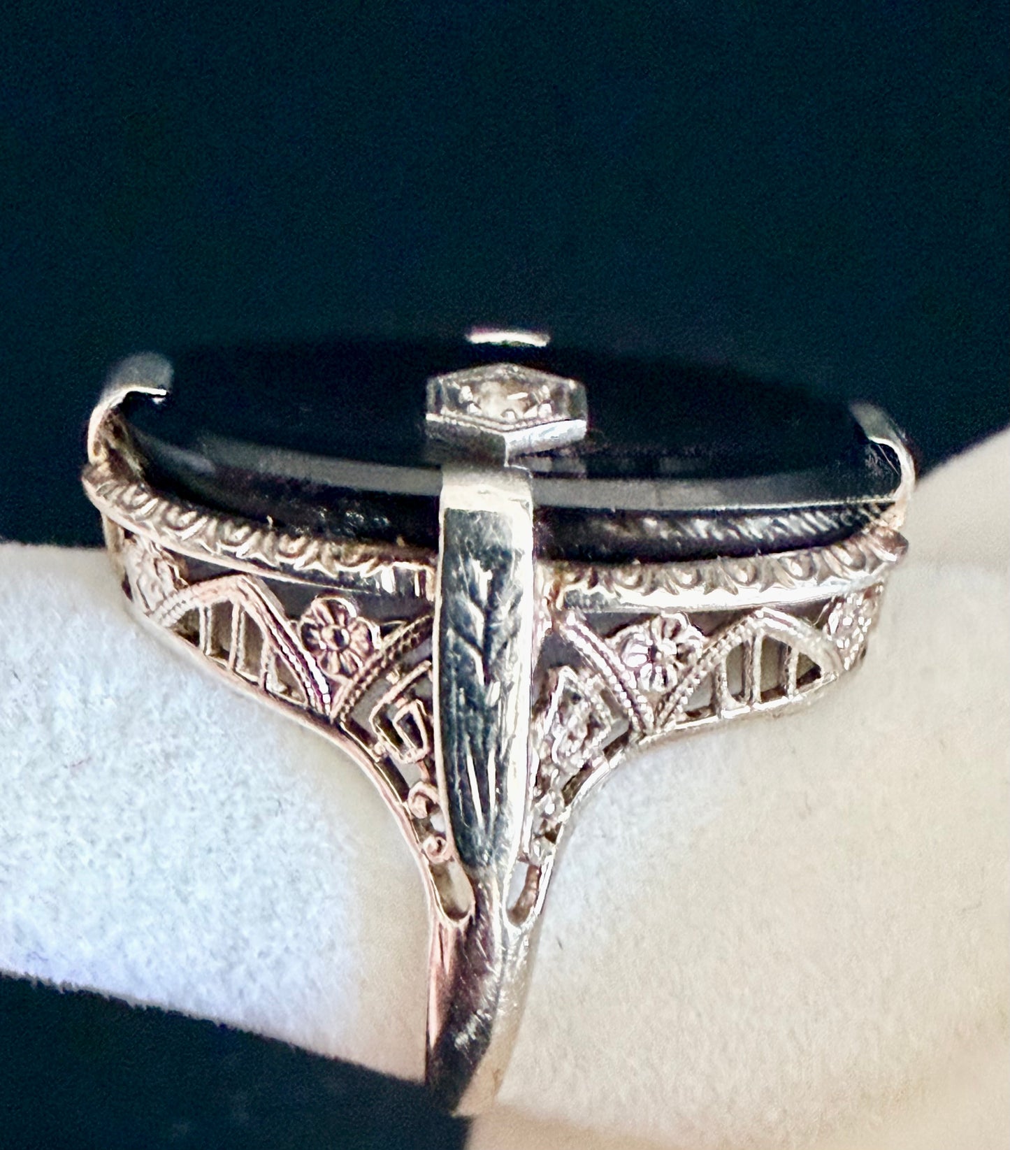 Antique Art Deco 14K White Gold Filigree Black Onyx and Diamond Pinky Ring
