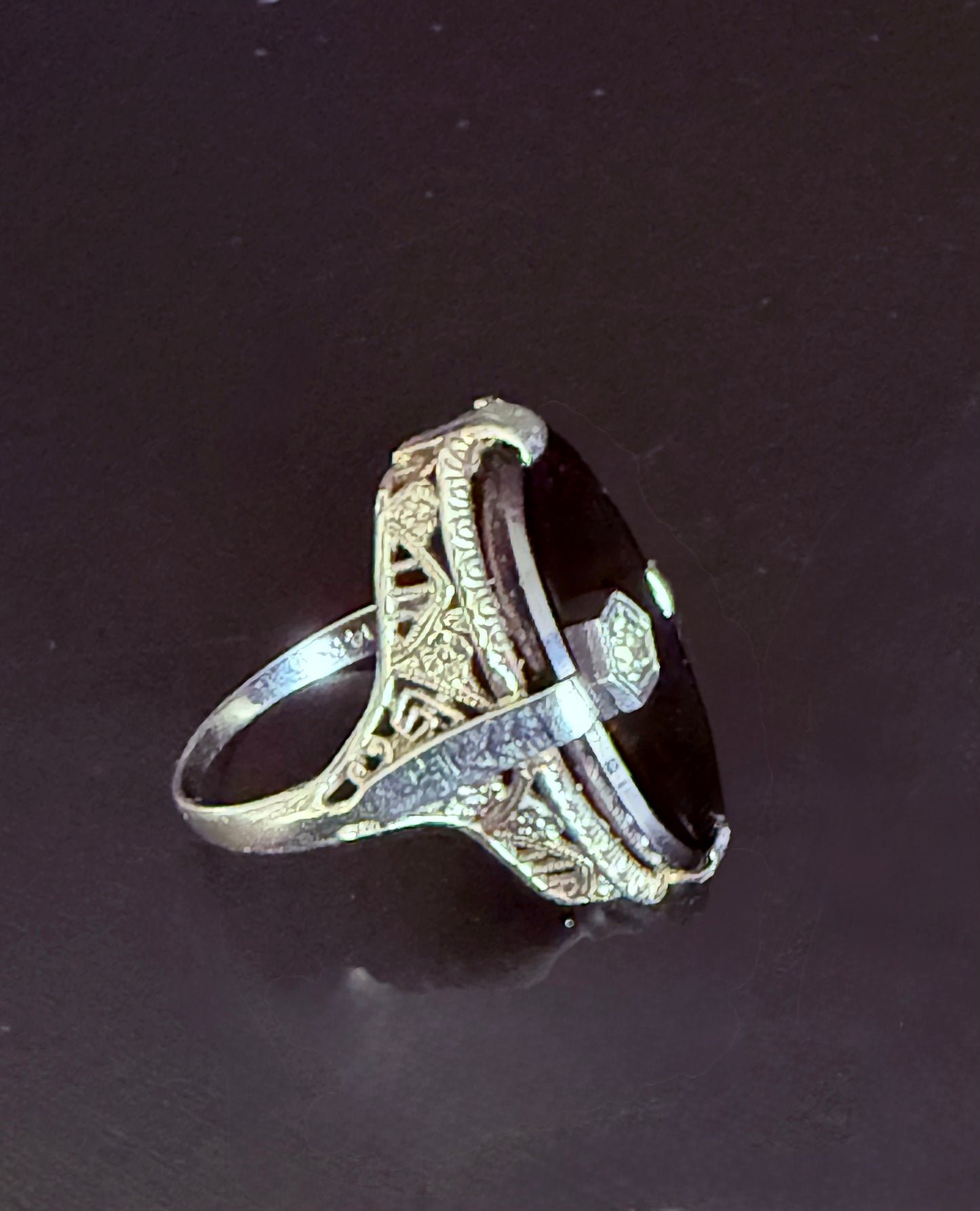 Antique Art Deco 14K White Gold Filigree Black Onyx and Diamond Pinky Ring