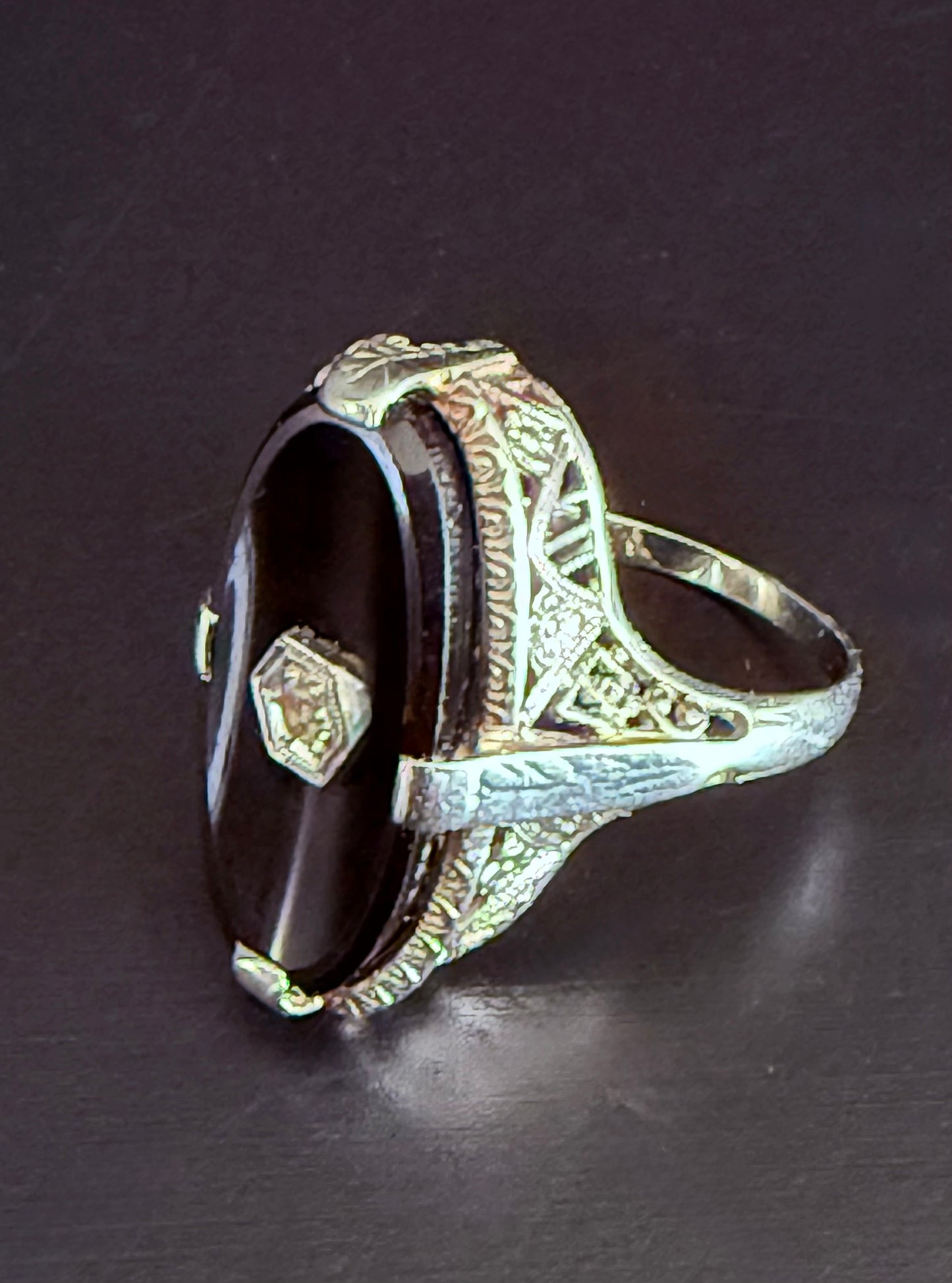 Antique Art Deco 14K White Gold Filigree Black Onyx and Diamond Pinky Ring
