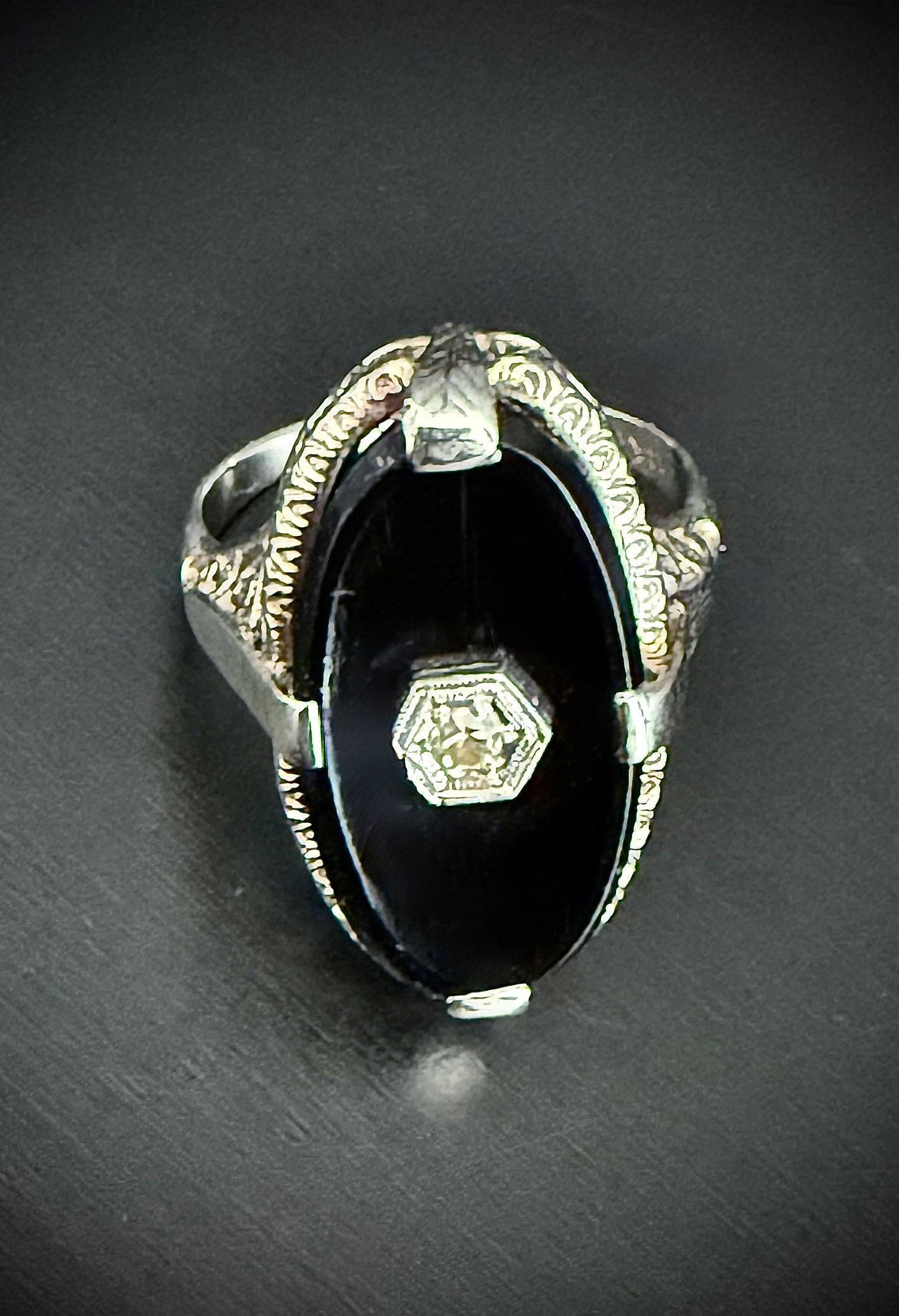 Antique Art Deco 14K White Gold Filigree Black Onyx and Diamond Pinky Ring