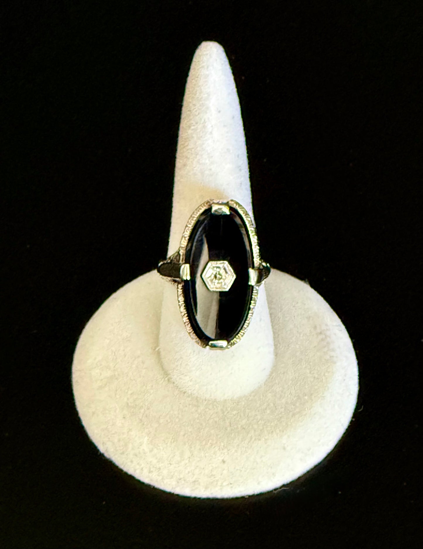 Antique Art Deco 14K White Gold Filigree Black Onyx and Diamond Pinky Ring