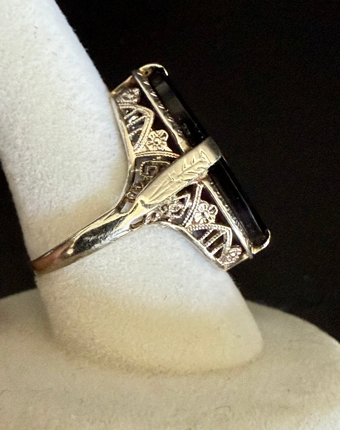 Antique Art Deco 14K White Gold Filigree Black Onyx and Diamond Pinky Ring