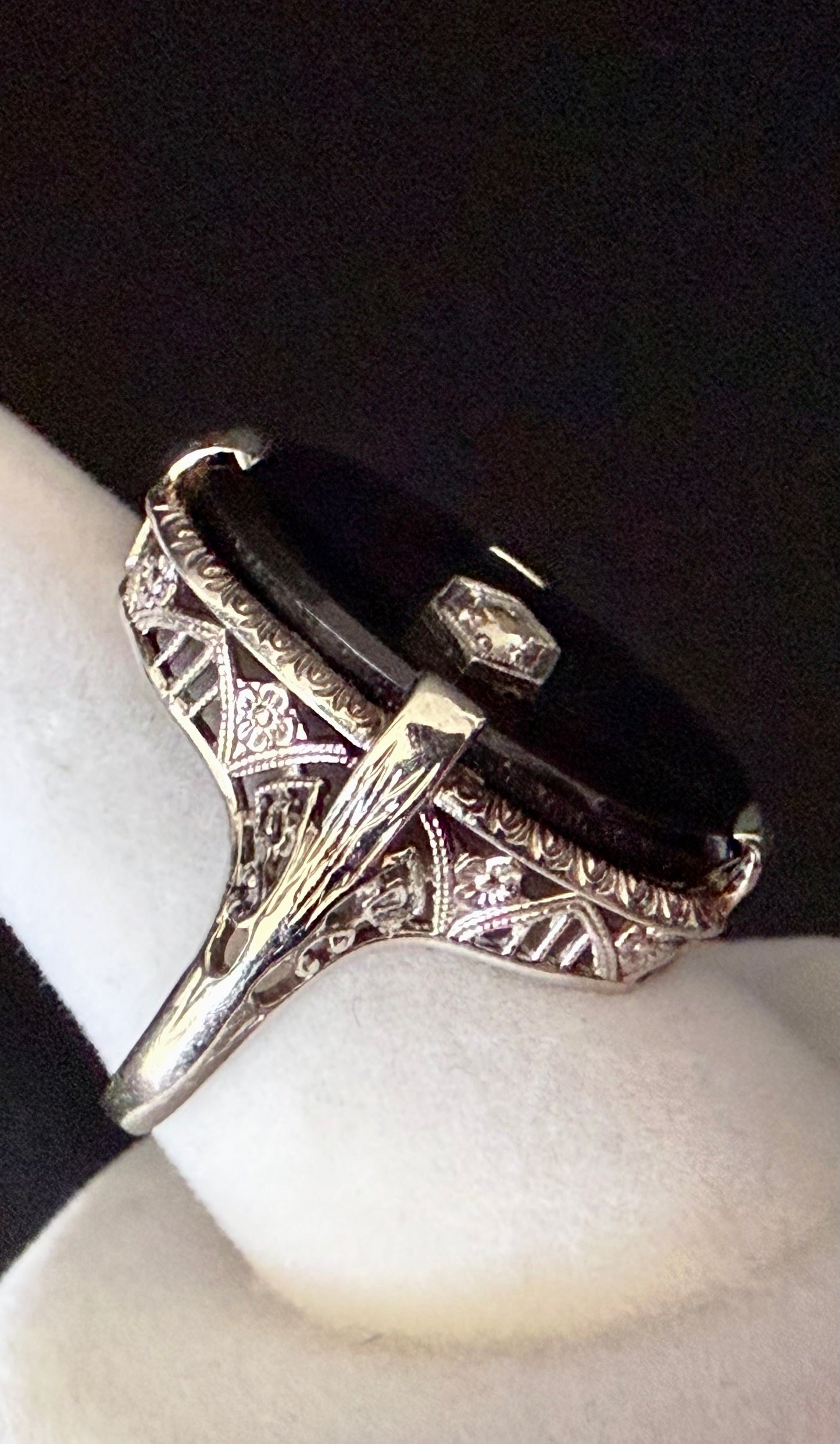 Antique Art Deco 14K White Gold Filigree Black Onyx and Diamond Pinky Ring