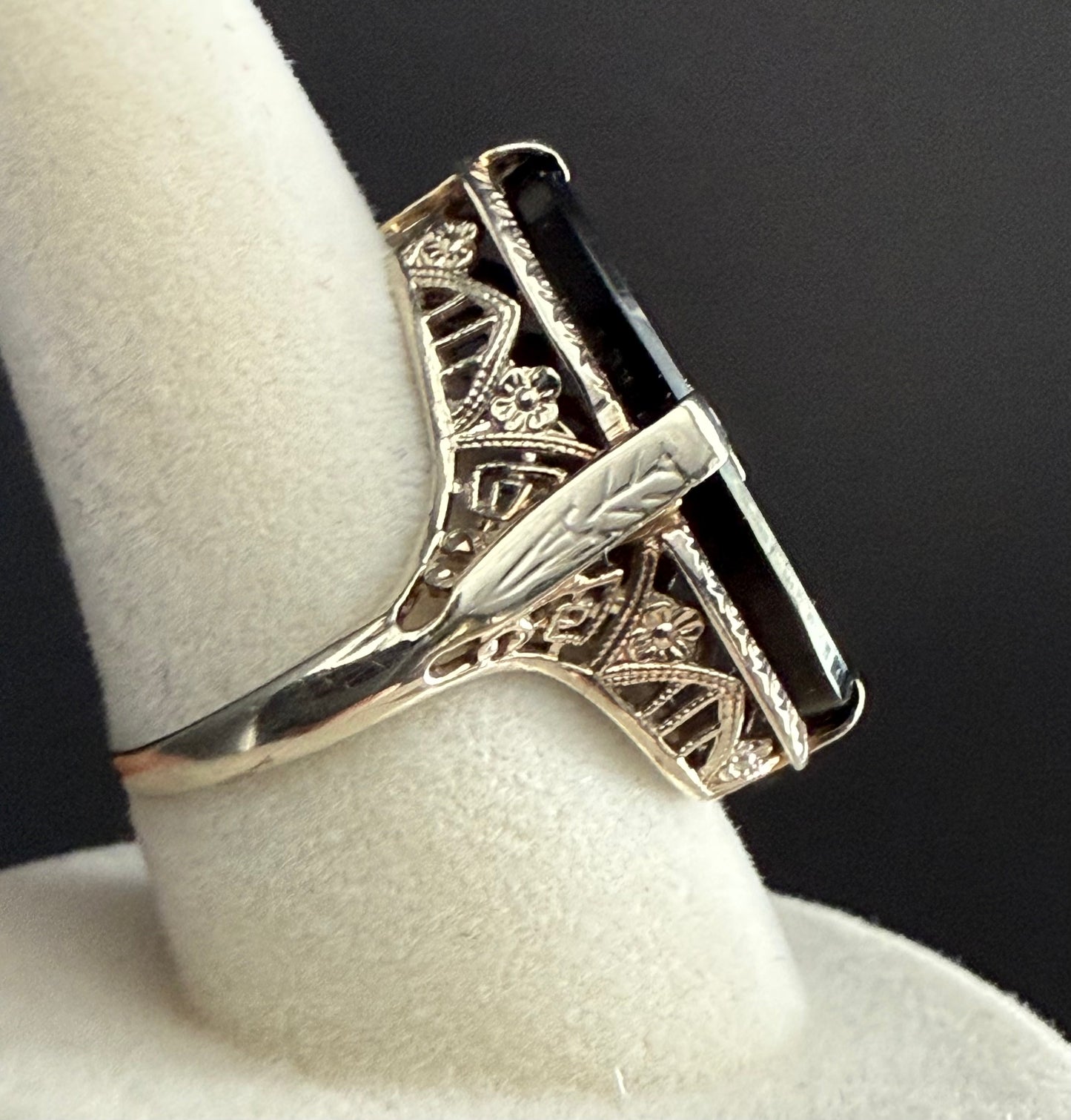Antique Art Deco 14K White Gold Filigree Black Onyx and Diamond Pinky Ring