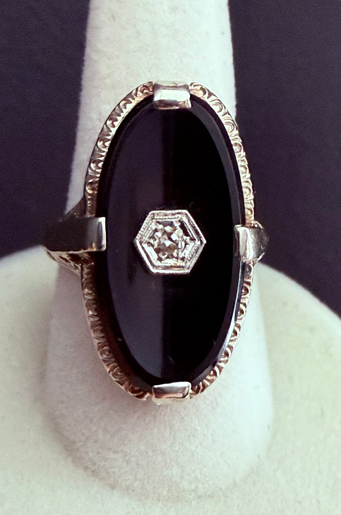 Antique Art Deco 14K White Gold Filigree Black Onyx and Diamond Pinky Ring