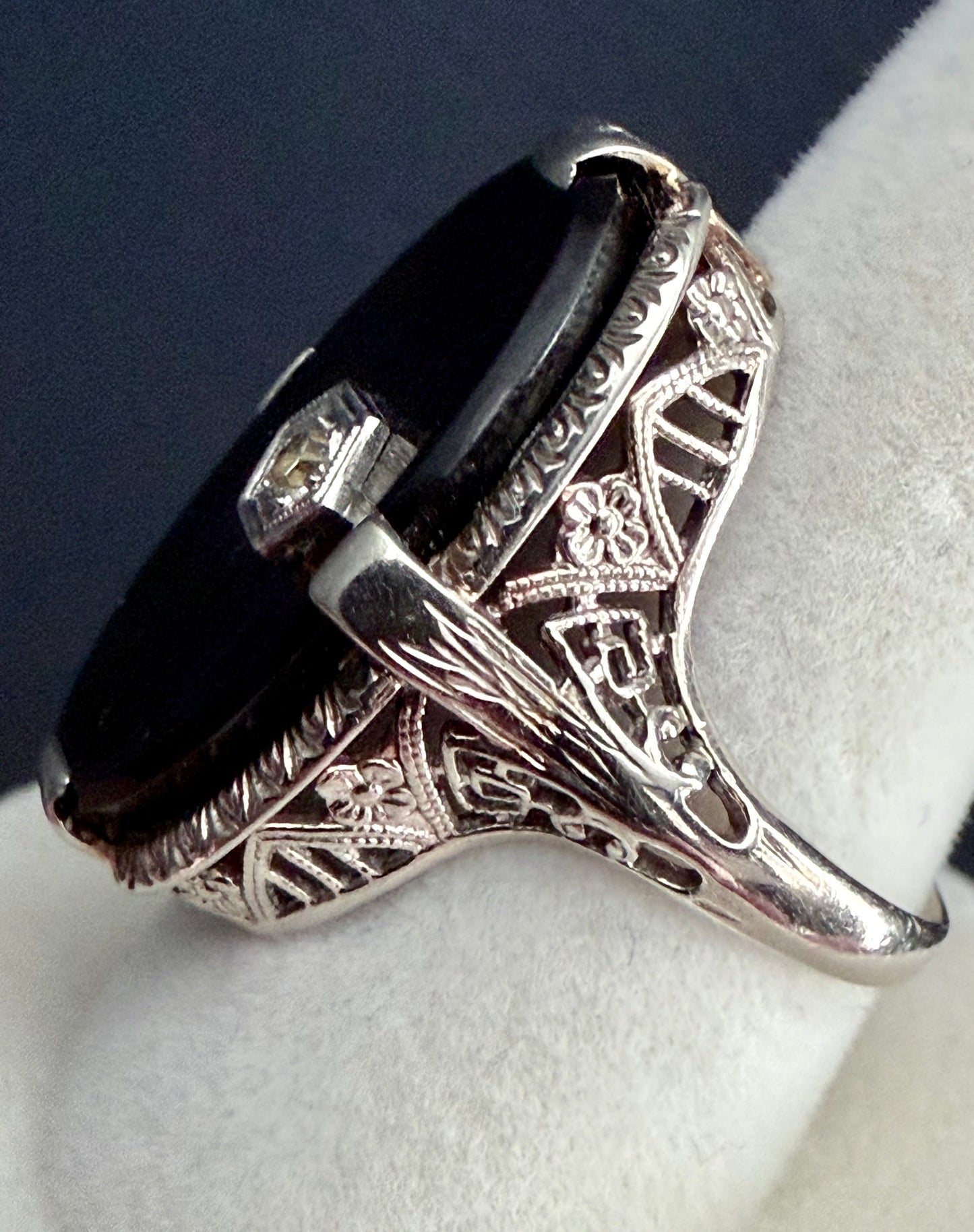 Antique Art Deco 14K White Gold Filigree Black Onyx and Diamond Pinky Ring
