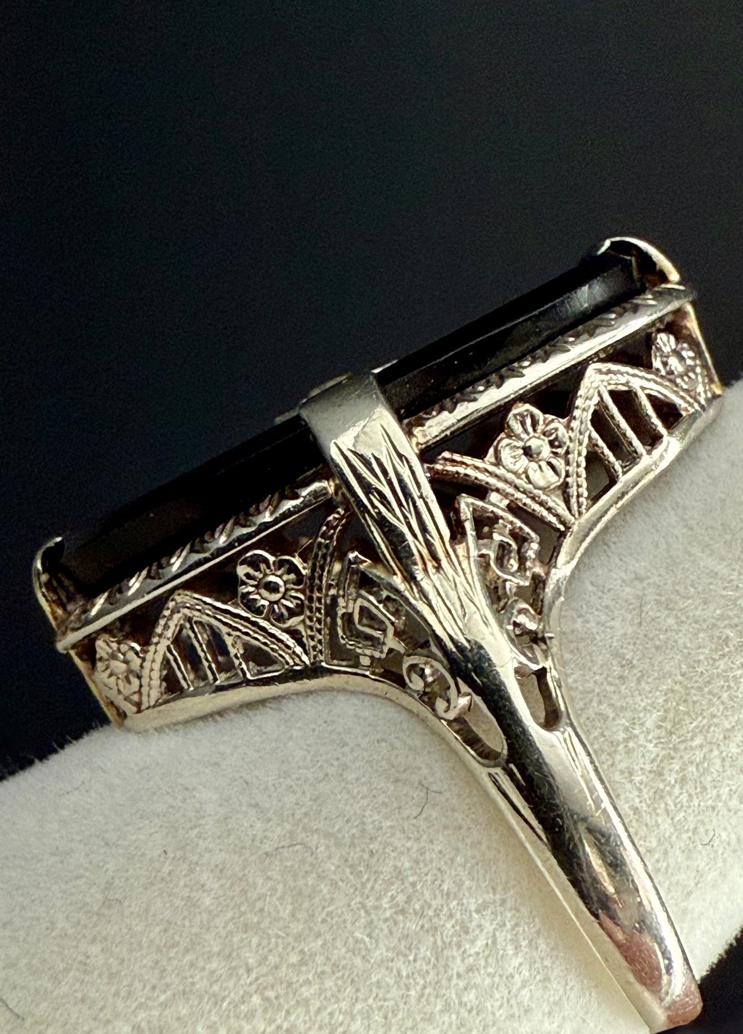 Antique Art Deco 14K White Gold Filigree Black Onyx and Diamond Pinky Ring
