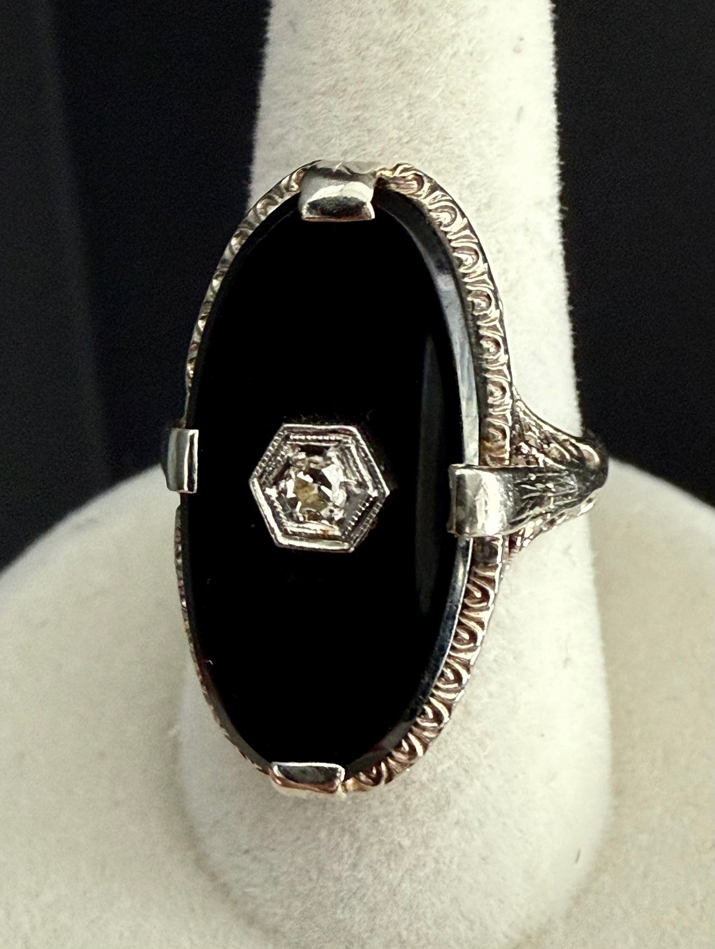 Antique Art Deco 14K White Gold Filigree Black Onyx and Diamond Pinky Ring