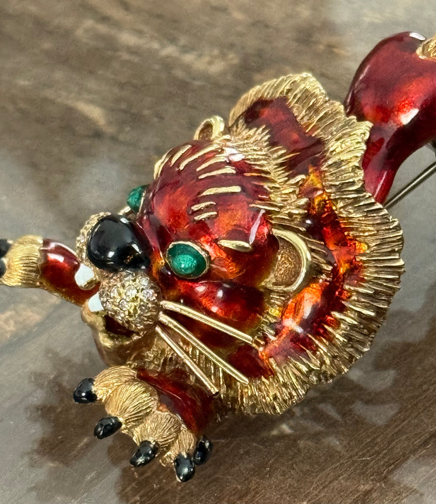 MARTINE 14K Gold, Diamond and Enamel Pouncing Lion Brooch/Pendant