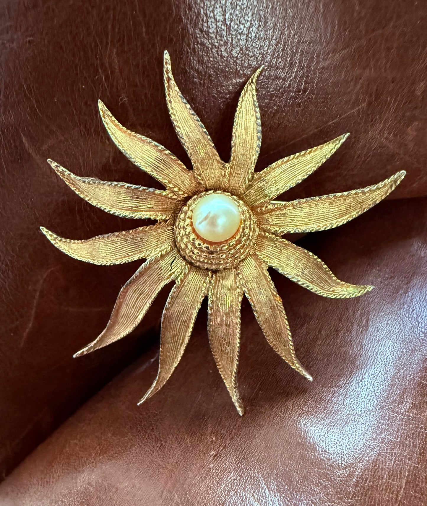 BOUCHER Vintage Floral Gold Tone Brooch with Faux Pearl Accent