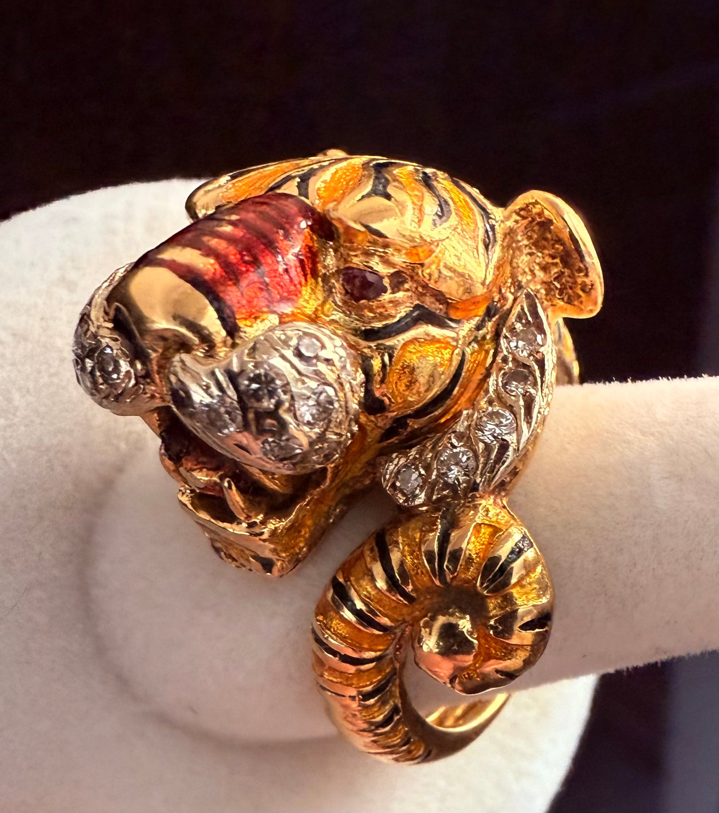 FRASCAROLO 18K Gold, Enamel, Diamond and Ruby Tiger Ring