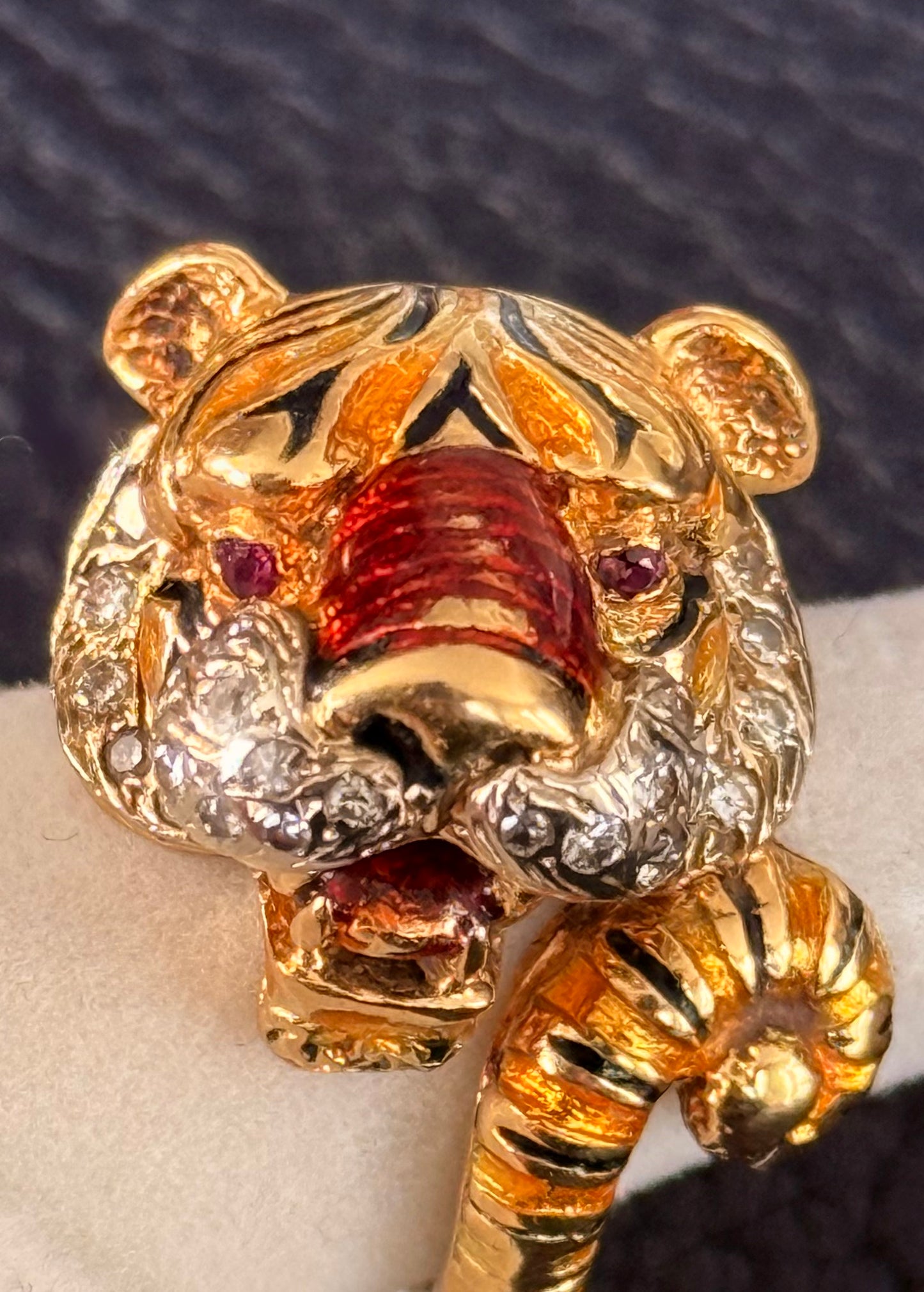 FRASCAROLO 18K Gold, Enamel, Diamond and Ruby Tiger Ring
