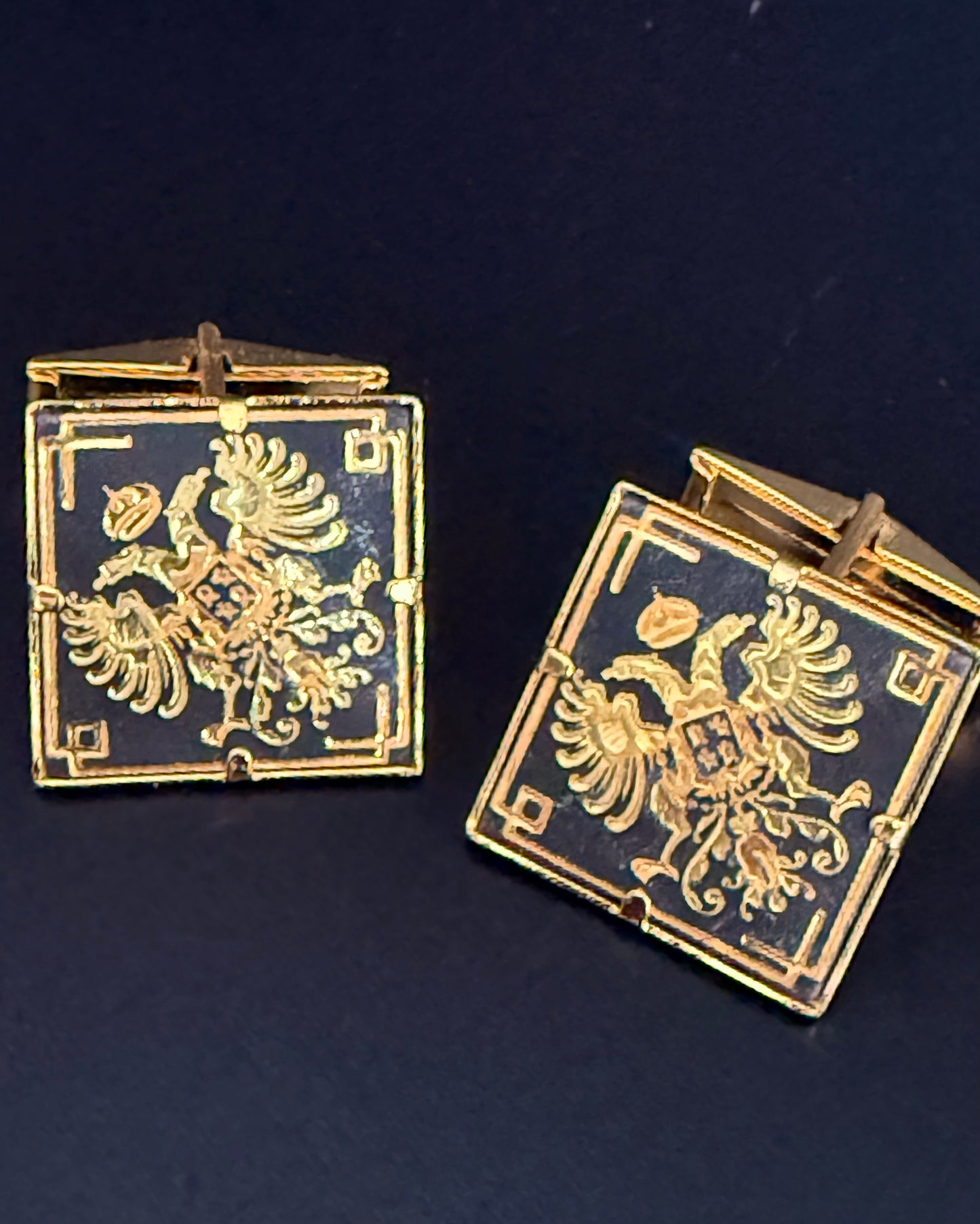 Vintage Gold Tone and Black Enamel Damascene Cufflinks - square