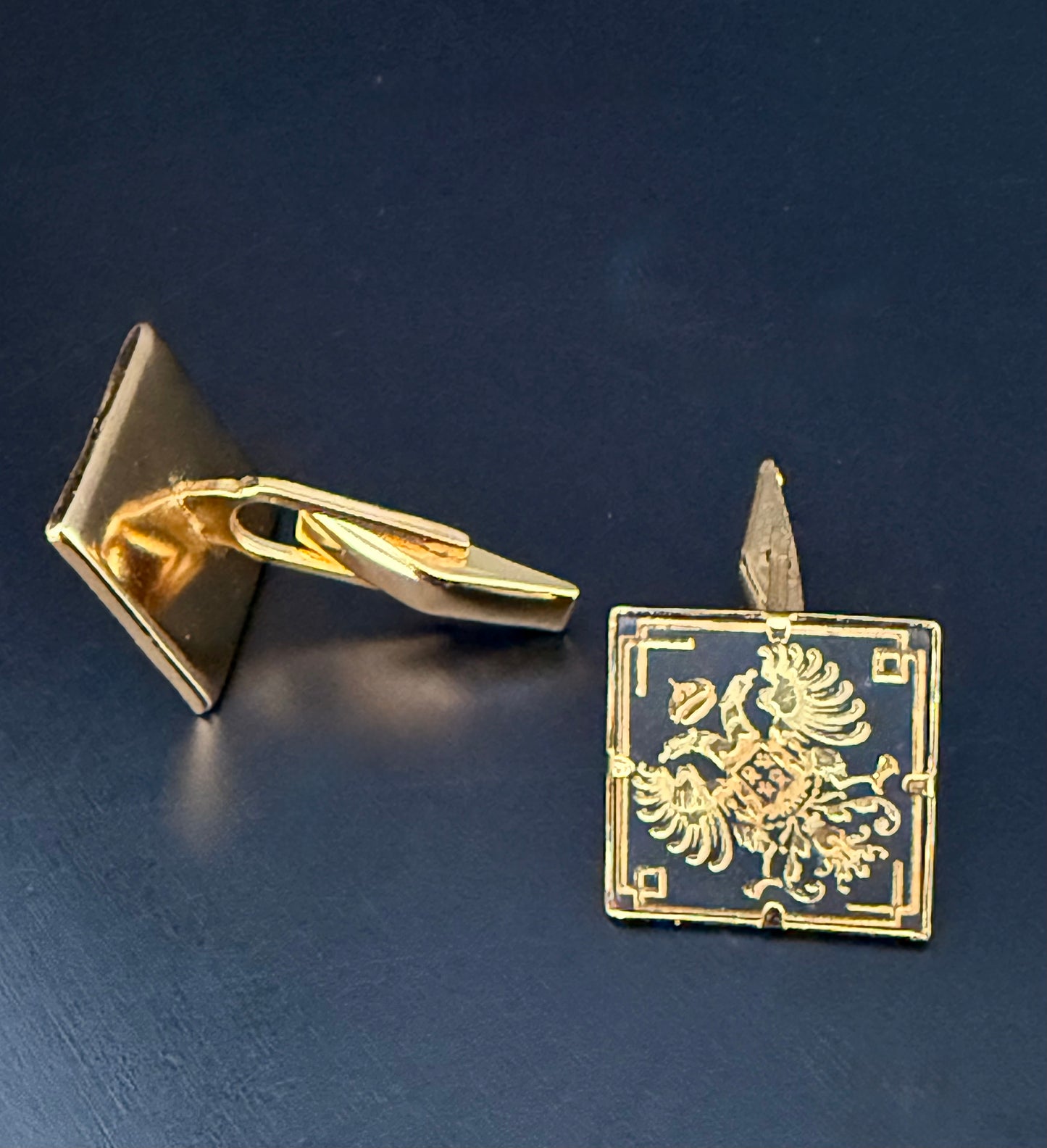 Vintage Gold Tone and Black Enamel Damascene Cufflinks - square