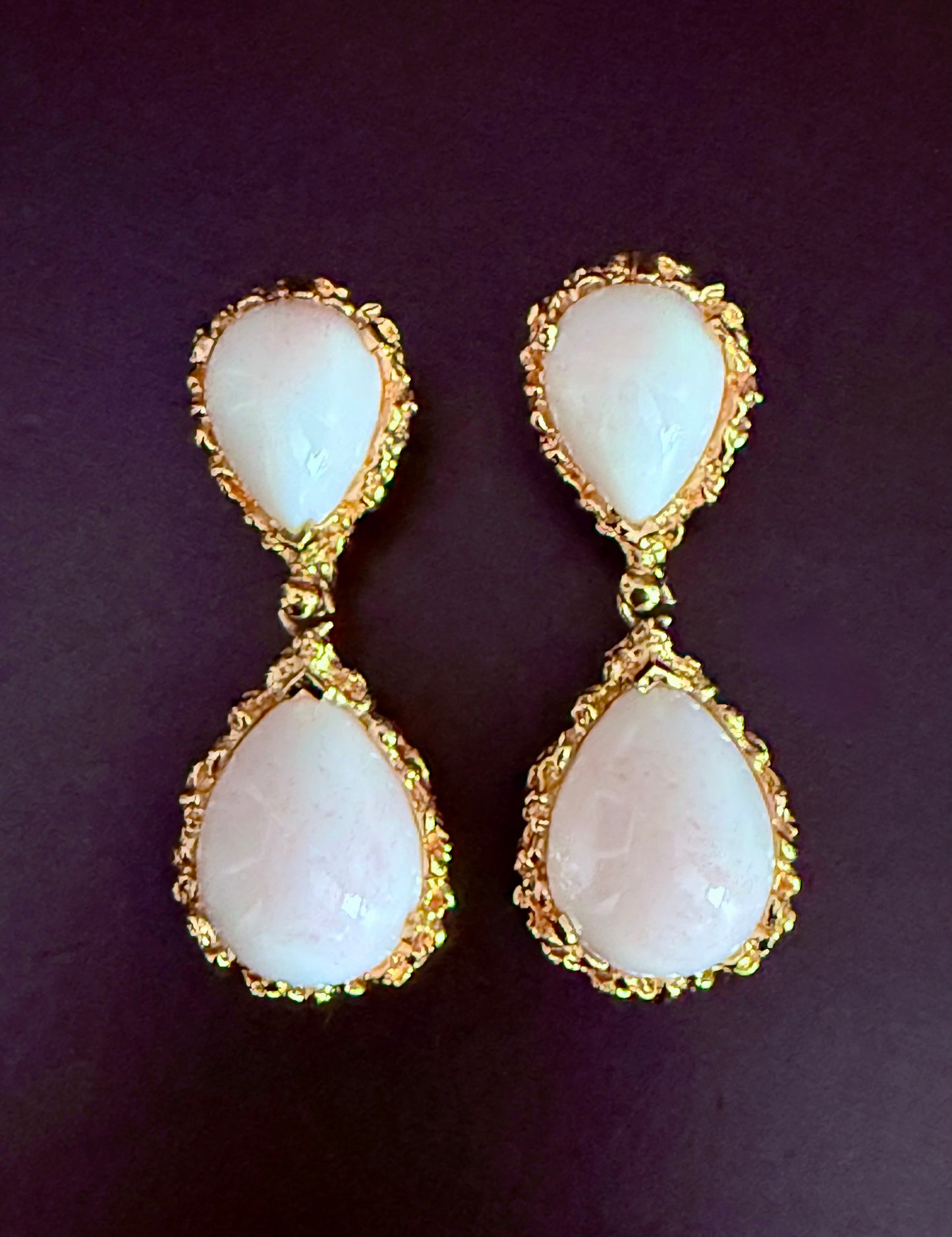 Vintage Benedetto Panetta Modern Brutalist Dangle Clip On Earrings in Gold Tone and White Domed Stones