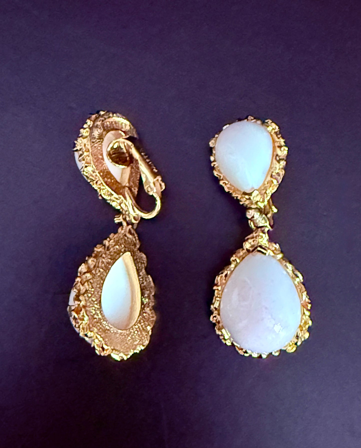 Vintage Benedetto Panetta Modern Brutalist Dangle Clip On Earrings in Gold Tone and White Domed Stones