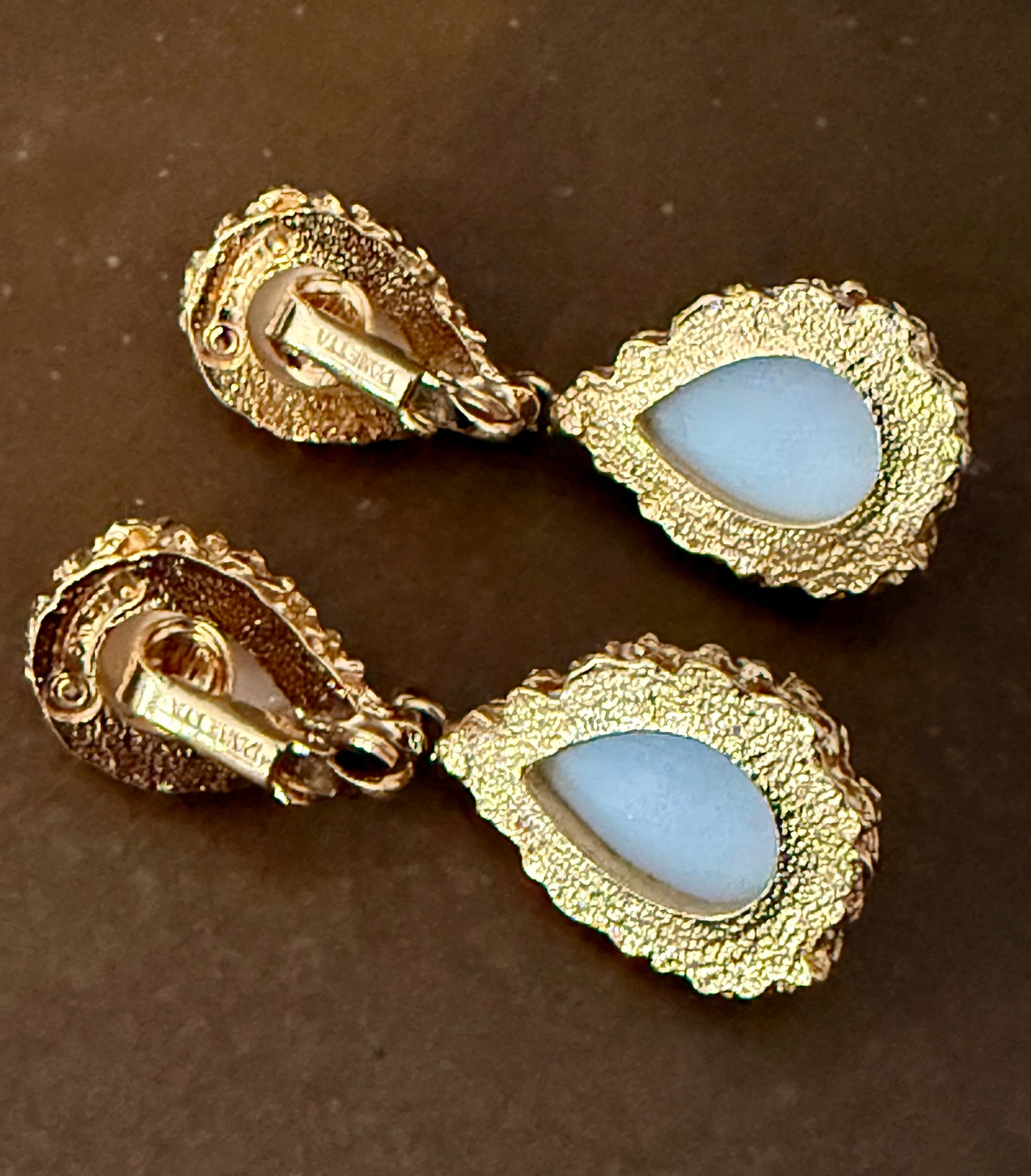 Vintage Benedetto Panetta Modern Brutalist Dangle Clip On Earrings in Gold Tone and White Domed Stones