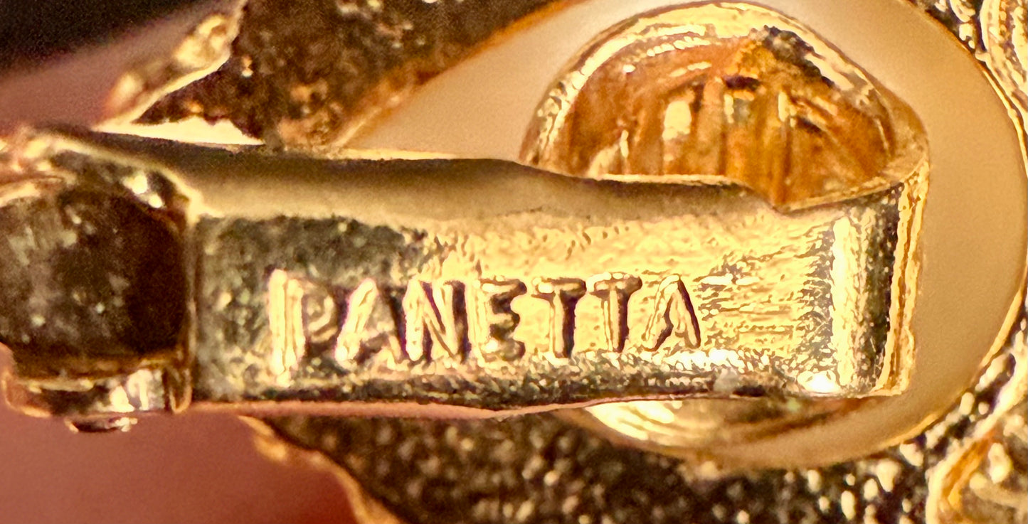 Vintage Benedetto Panetta Modern Brutalist Dangle Clip On Earrings in Gold Tone and White Domed Stones