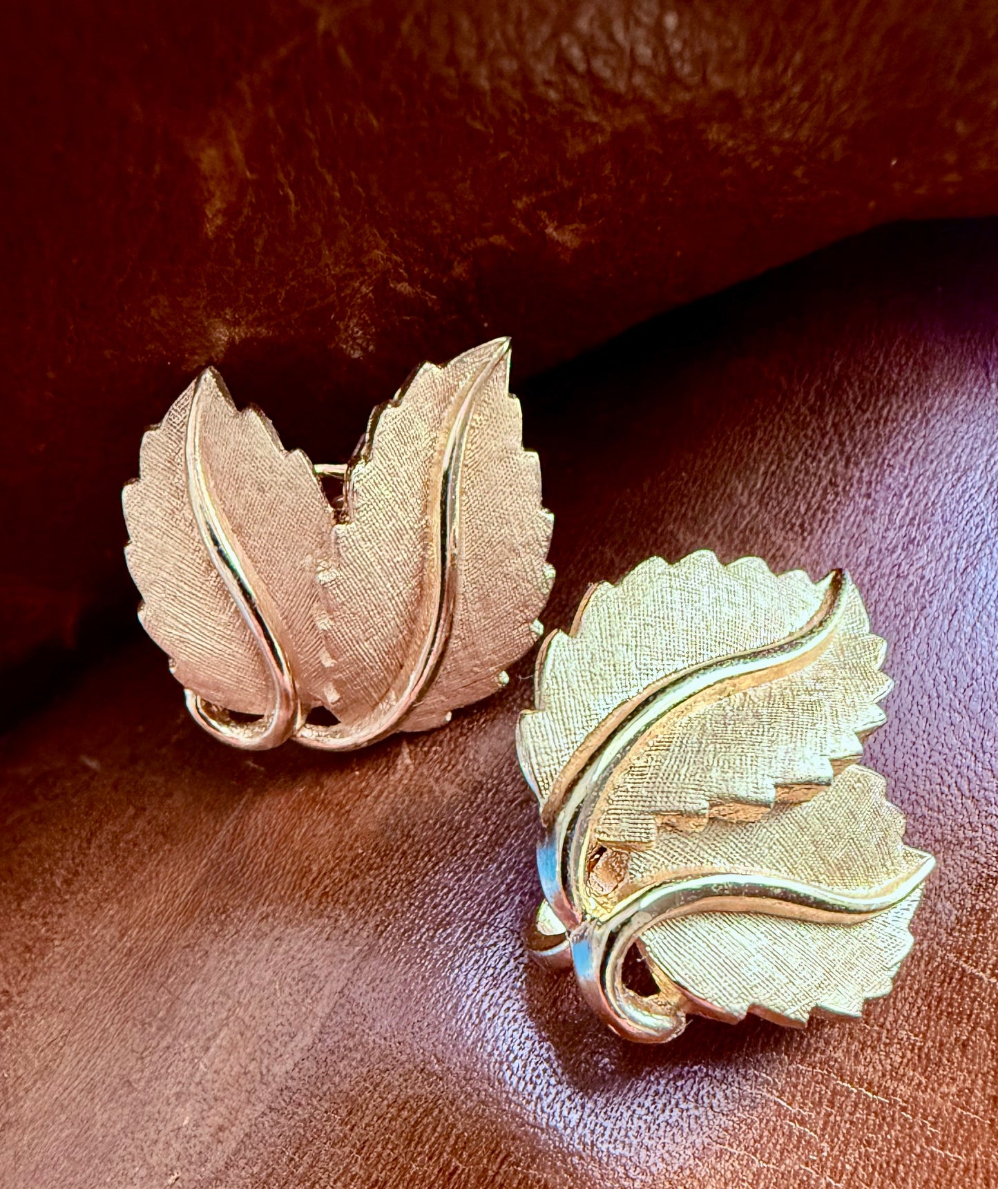 Vintage CROWN TRIFARI Clip-On Earrings in Brushed Gold Tone Double Leaf Design - Signed