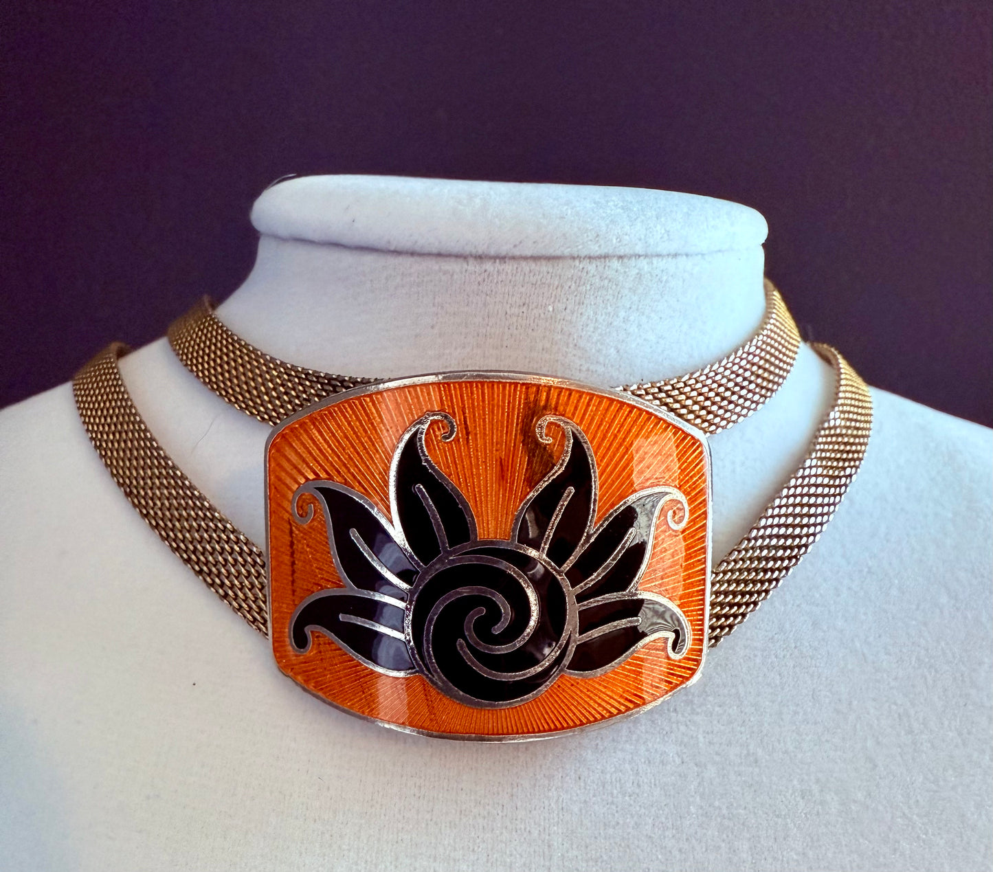 Art Deco 1920s Tangerine and Black Enamel Guilloce Double Strand Mesh Choker - Signed SANDOR CO