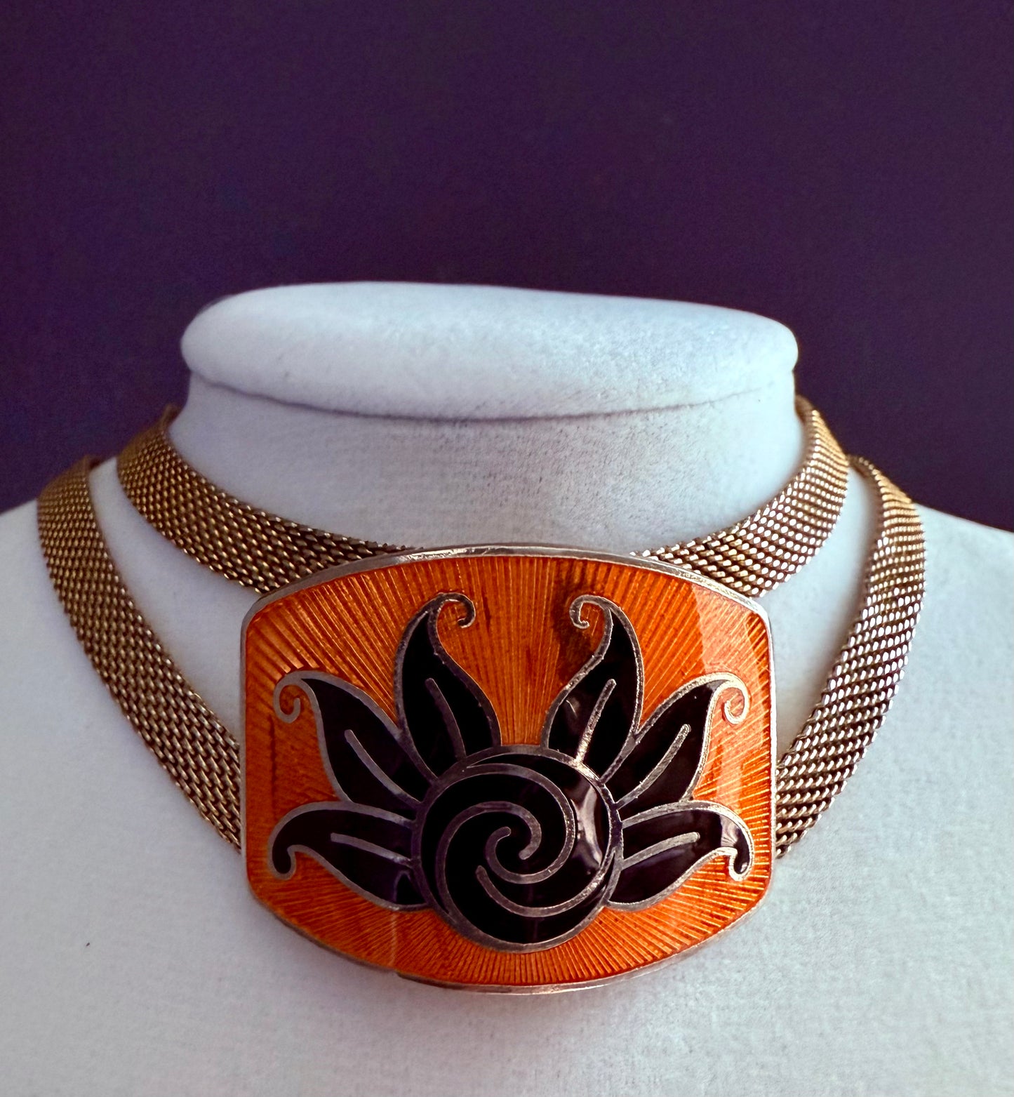 Art Deco 1920s Tangerine and Black Enamel Guilloce Double Strand Mesh Choker - Signed SANDOR CO