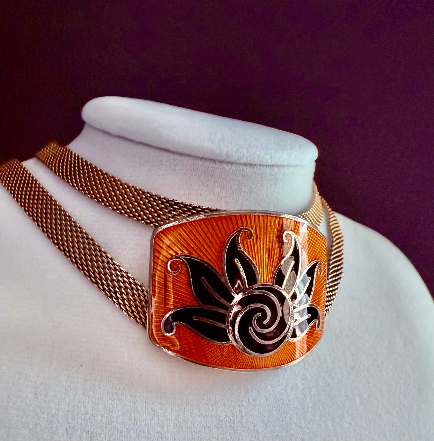 Art Deco 1920s Tangerine and Black Enamel Guilloce Double Strand Mesh Choker - Signed SANDOR CO
