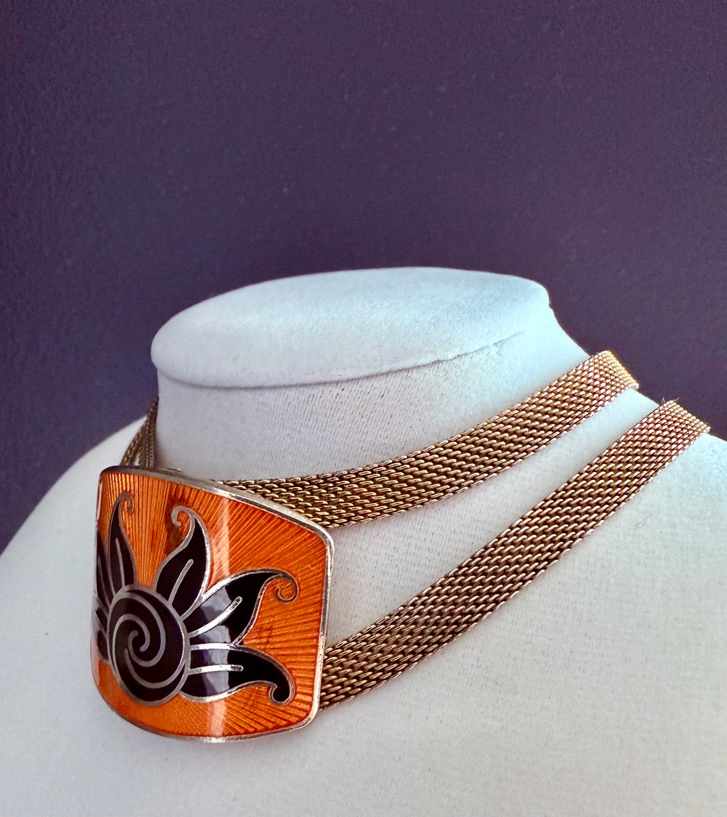 Art Deco 1920s Tangerine and Black Enamel Guilloce Double Strand Mesh Choker - Signed SANDOR CO