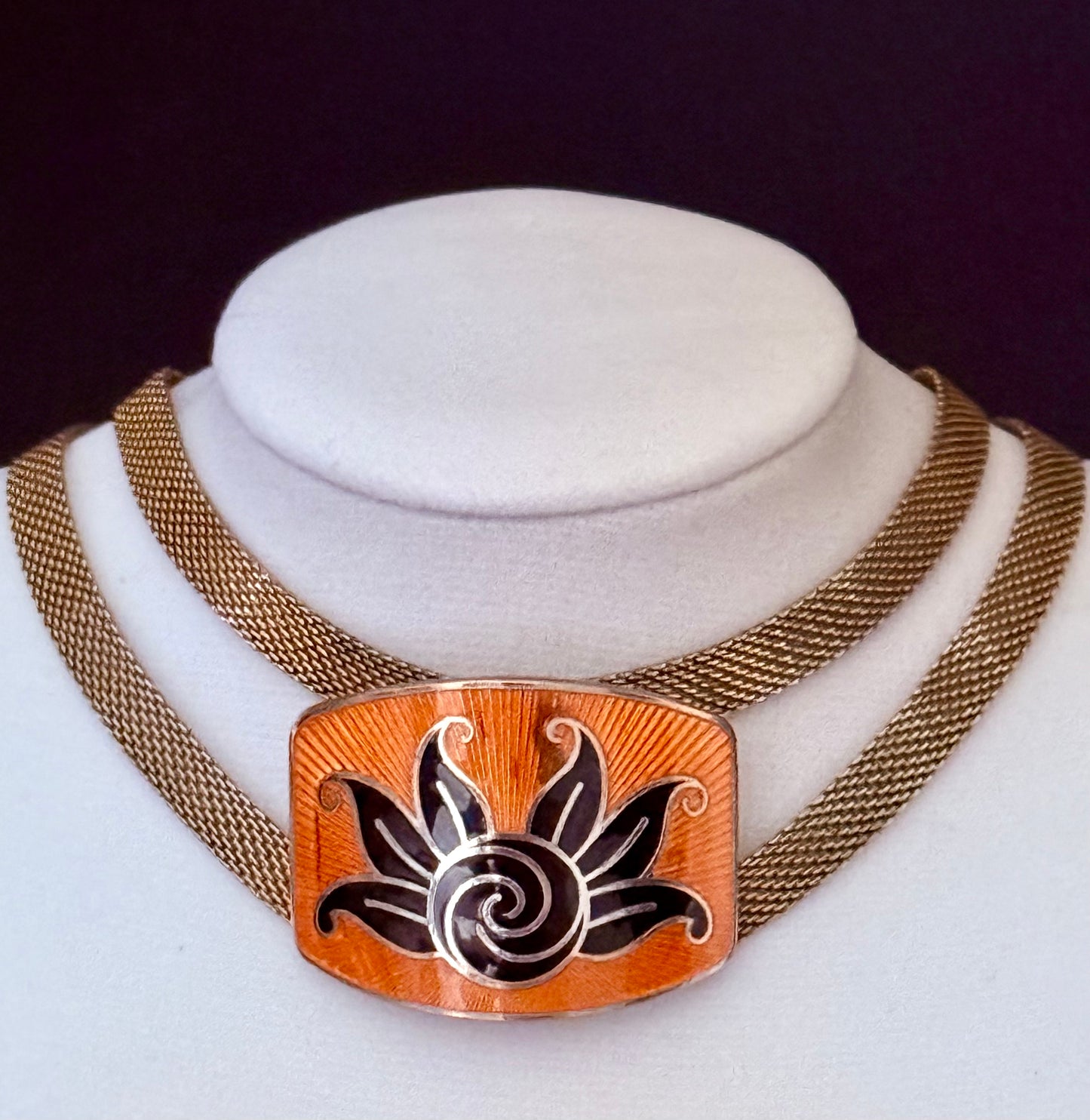 Art Deco 1920s Tangerine and Black Enamel Guilloce Double Strand Mesh Choker - Signed SANDOR CO