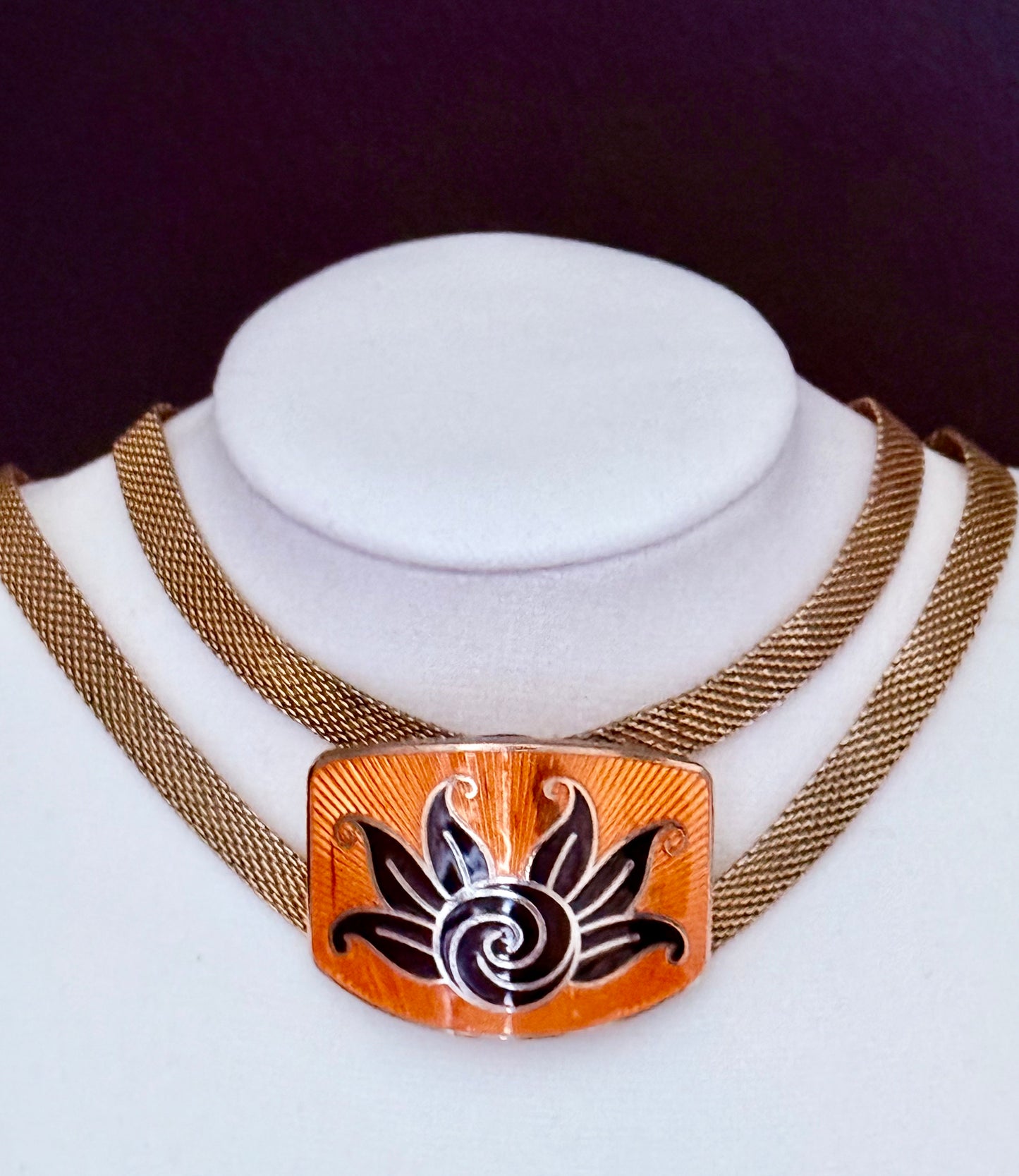 Art Deco 1920s Tangerine and Black Enamel Guilloce Double Strand Mesh Choker - Signed SANDOR CO