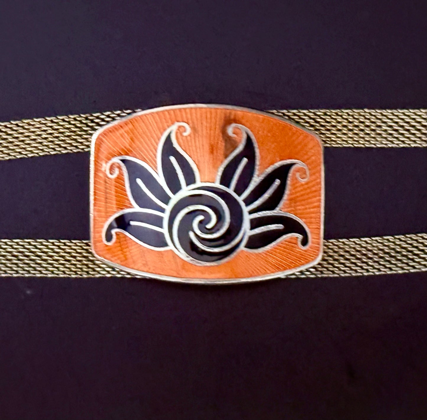 Art Deco 1920s Tangerine and Black Enamel Guilloce Double Strand Mesh Choker - Signed SANDOR CO