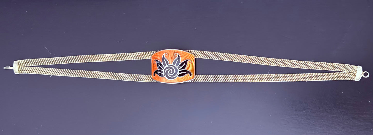 Art Deco 1920s Tangerine and Black Enamel Guilloce Double Strand Mesh Choker - Signed SANDOR CO