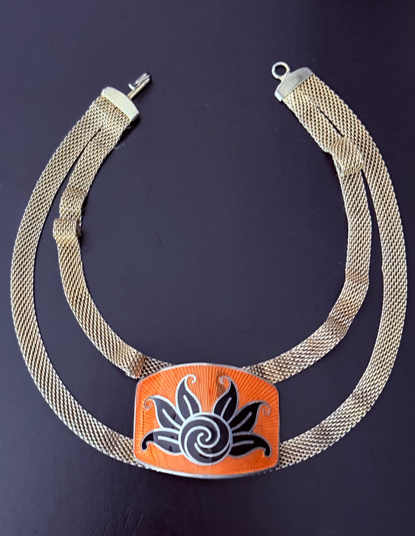 Art Deco 1920s Tangerine and Black Enamel Guilloce Double Strand Mesh Choker - Signed SANDOR CO