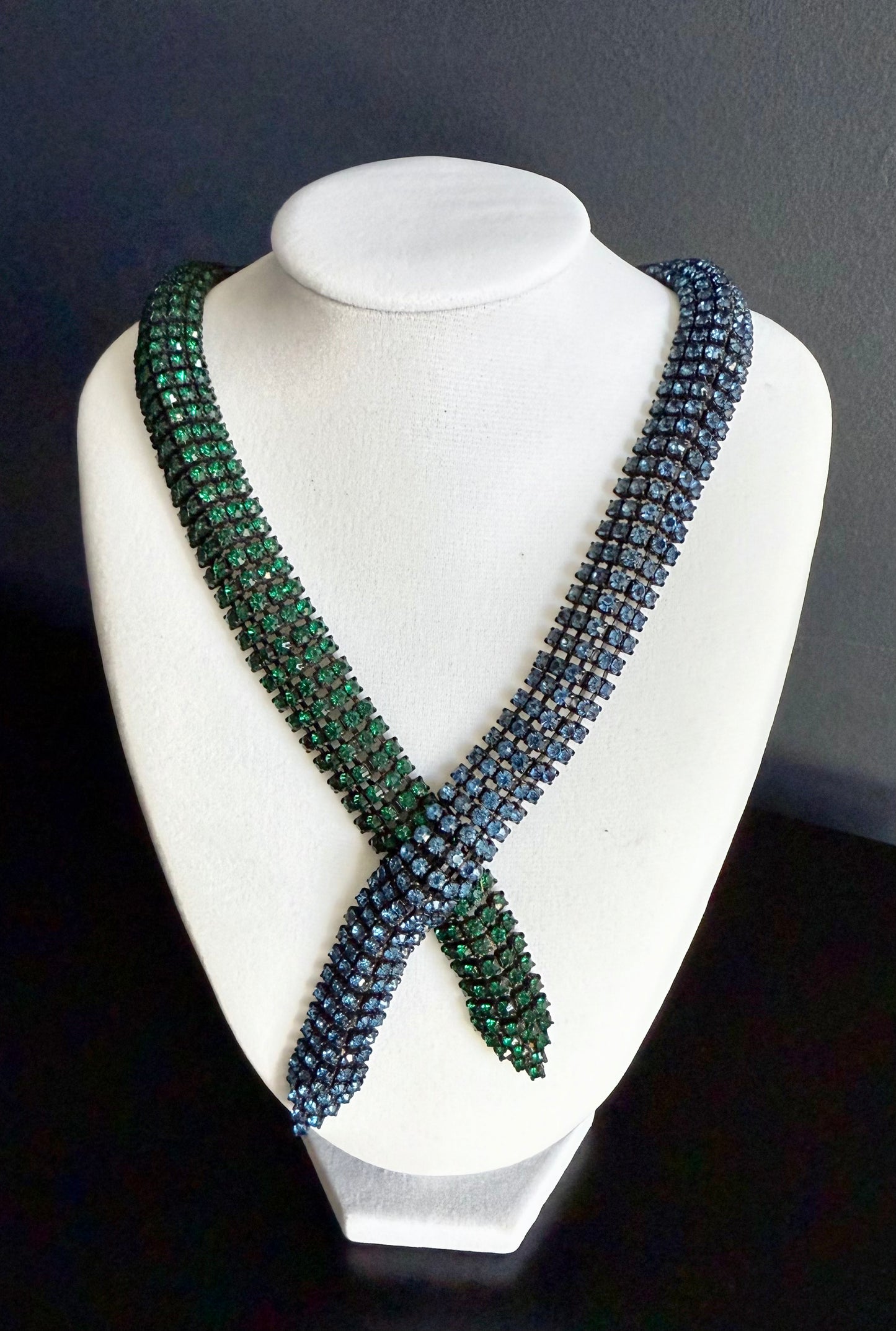 Dazzling Signed MARVELLA Vintage Blue and Green Rhinestone Choker Necklace