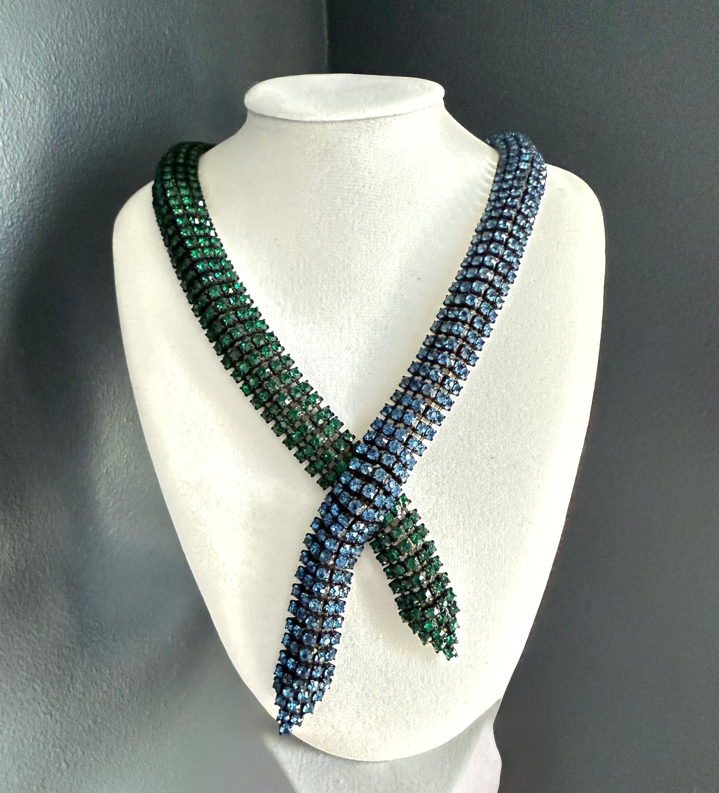 Dazzling Signed MARVELLA Vintage Blue and Green Rhinestone Choker Necklace