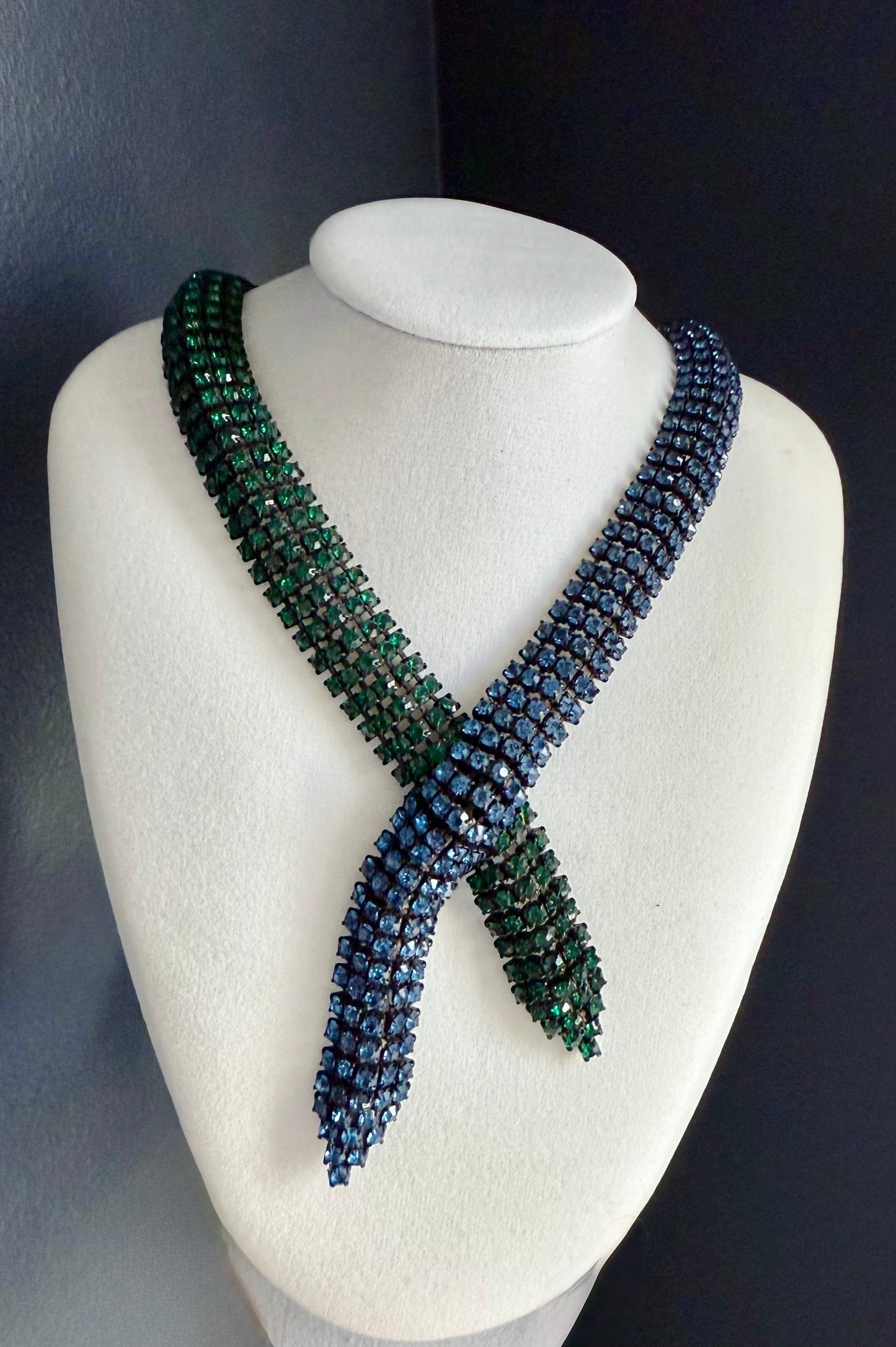 Dazzling Signed MARVELLA Vintage Blue and Green Rhinestone Choker Necklace