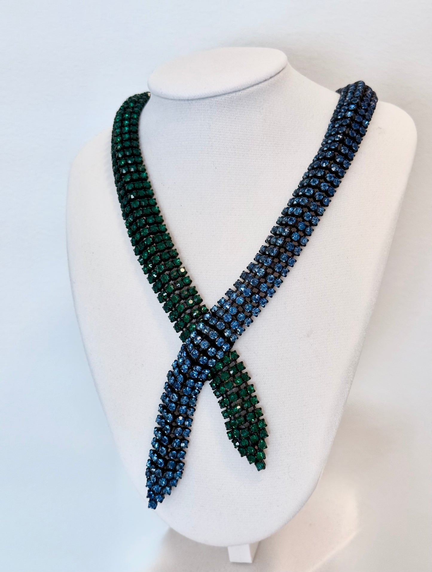Dazzling Signed MARVELLA Vintage Blue and Green Rhinestone Choker Necklace