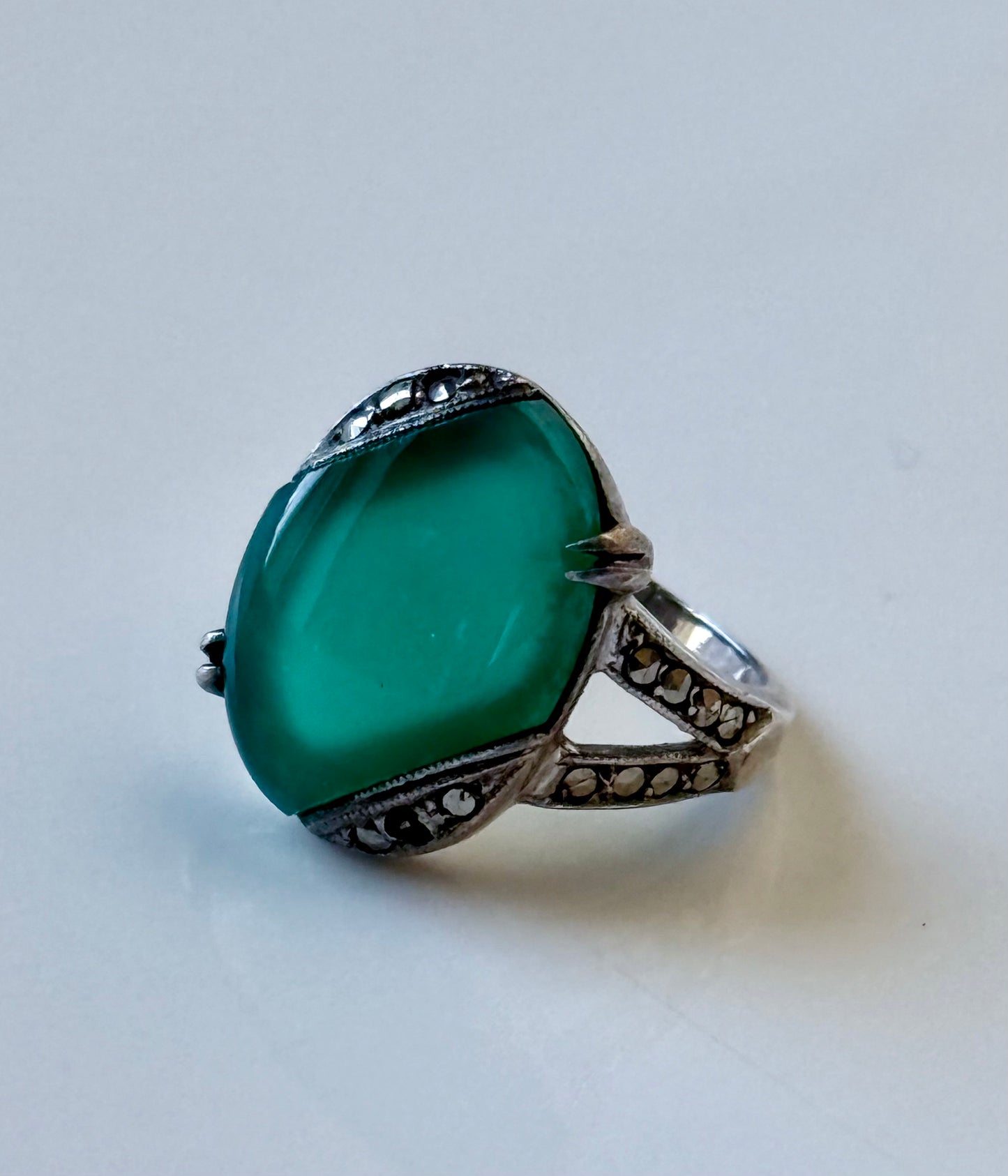 1920's Art Deco Wachenheimer Sterling Silver, Chrysoprase Gemstone and Marcasite Ring - signed