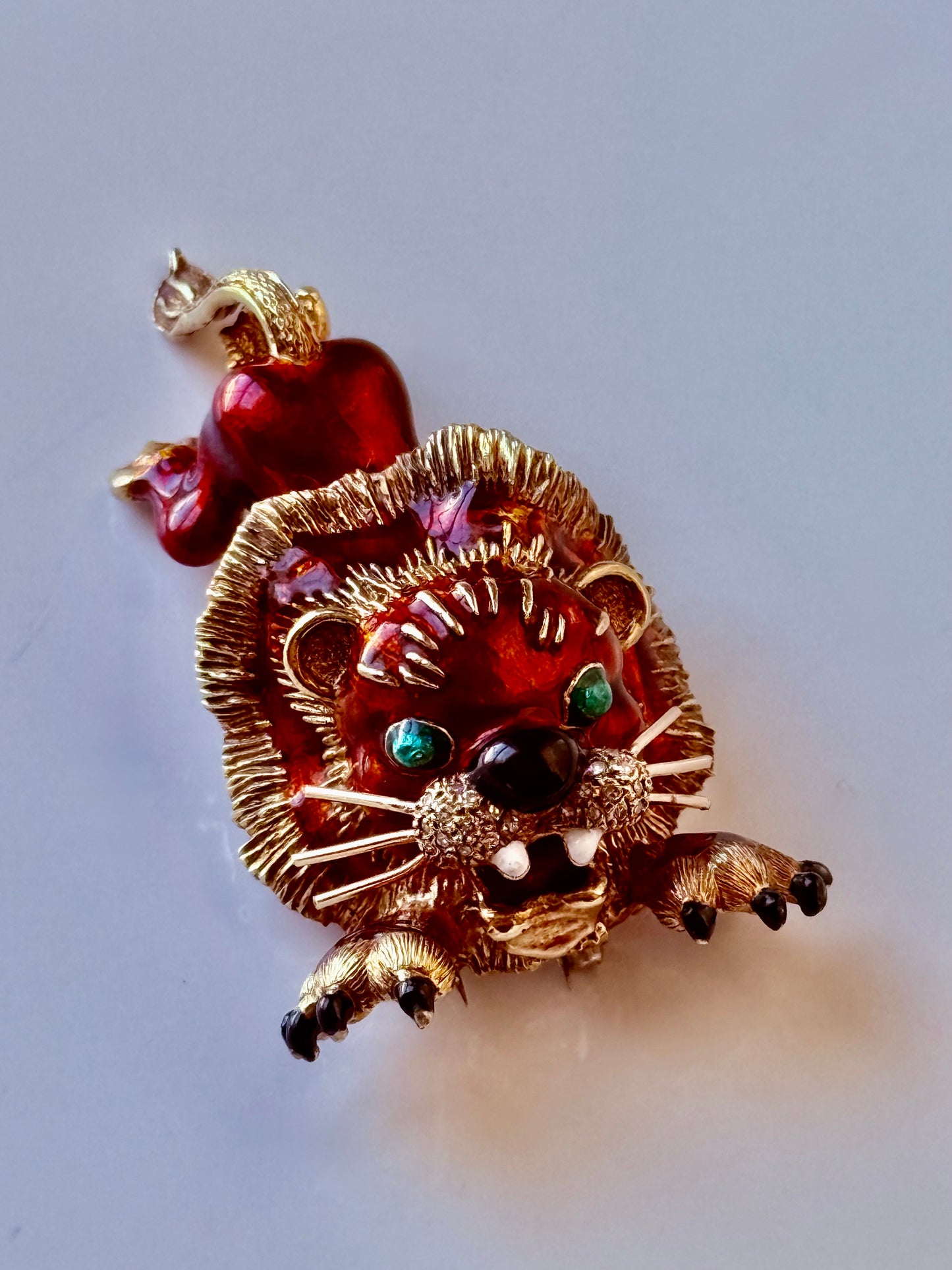 MARTINE 14K Gold, Diamond and Enamel Pouncing Lion Brooch/Pendant